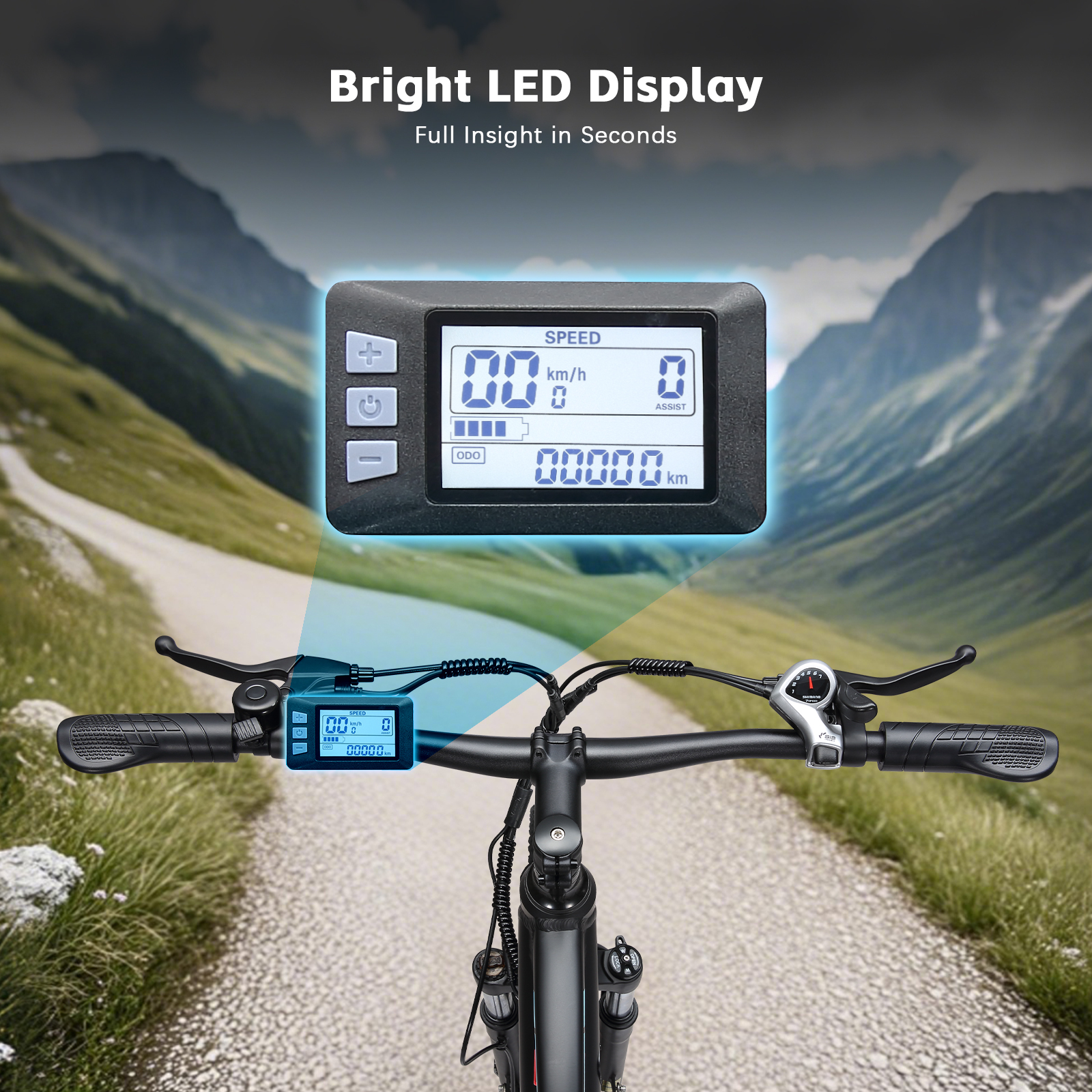 Manillar de e-bike con pantalla LED brillante que muestra velocidad y odómetro.