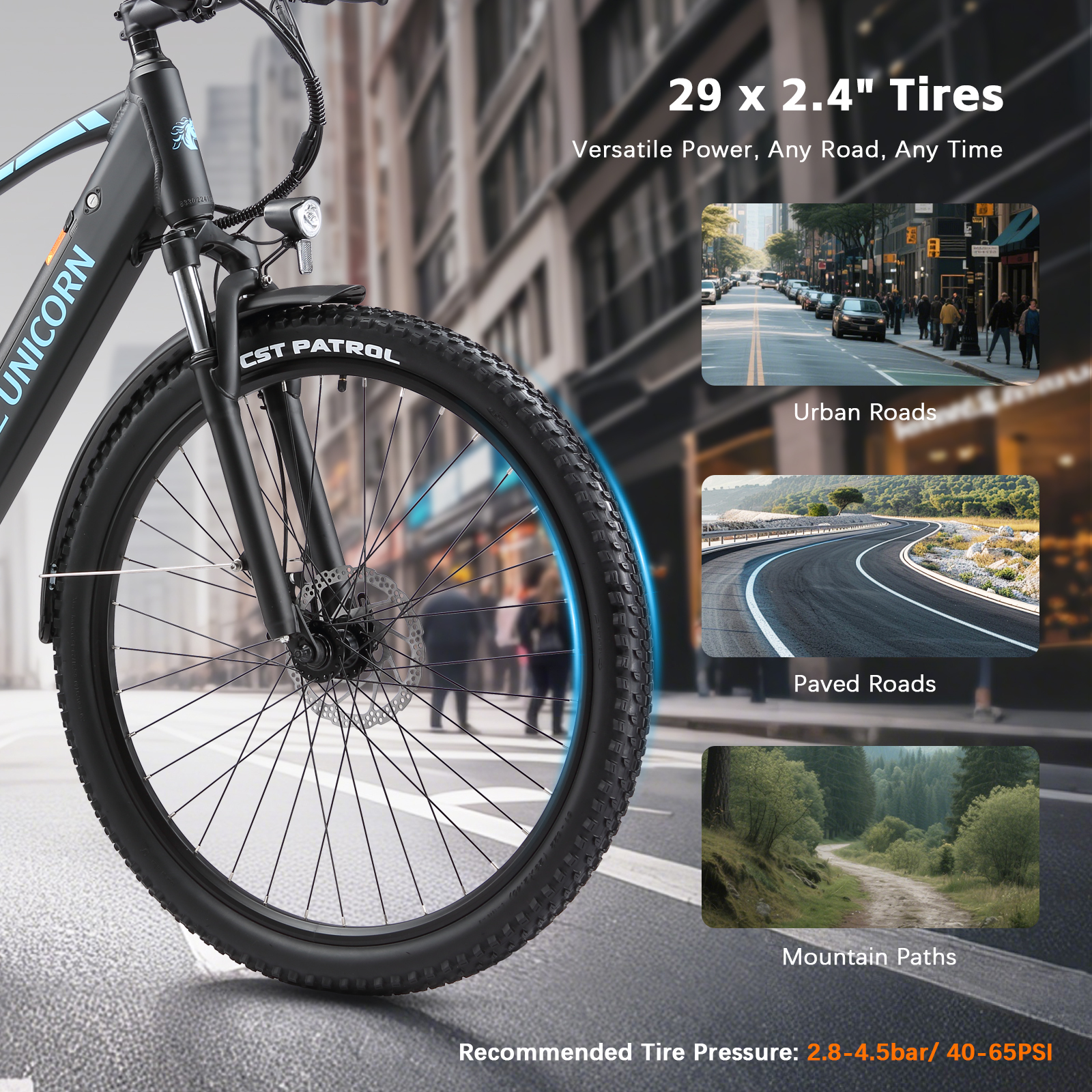 Una bicicleta eléctrica negra con neumáticos de 29x2,4 pulgadas, en un entorno urbano.