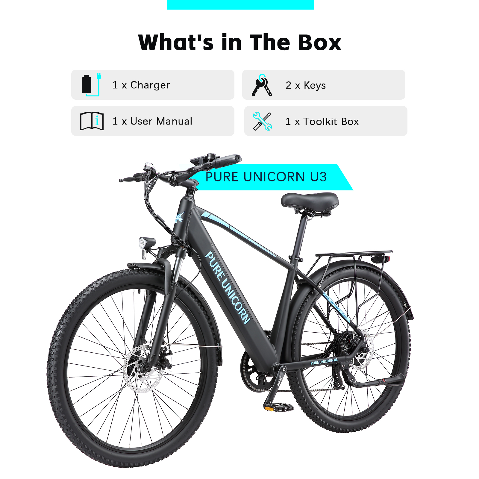Bicicleta eléctrica negra con letras azules, incluye cargador, llaves y manual.