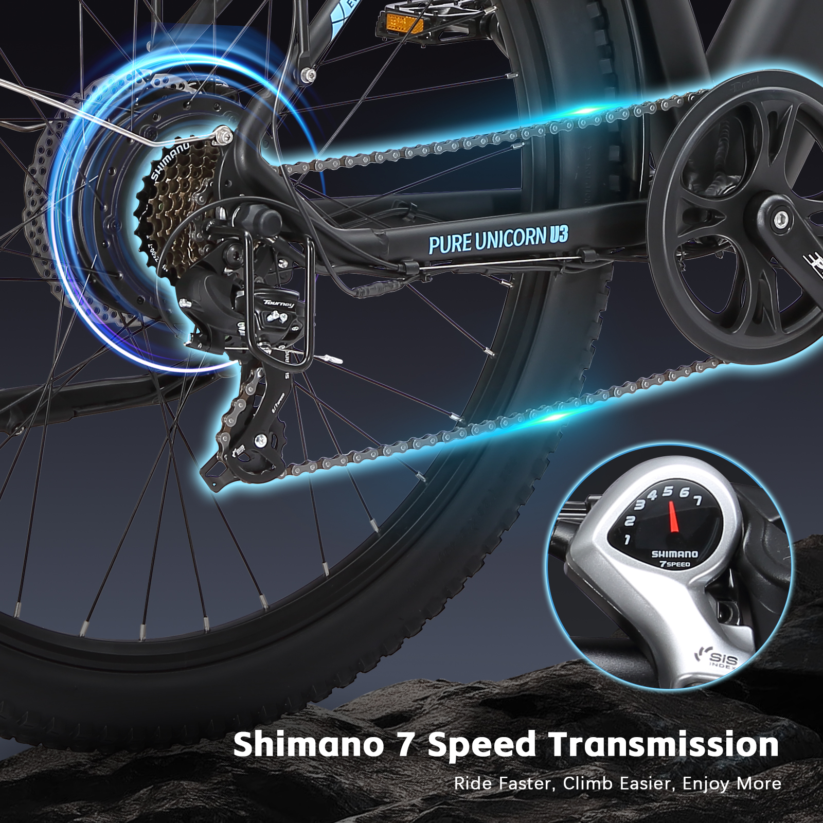 Primer plano de la transmisión Shimano de 7 velocidades de una bicicleta, mostrando cadena y cassette.