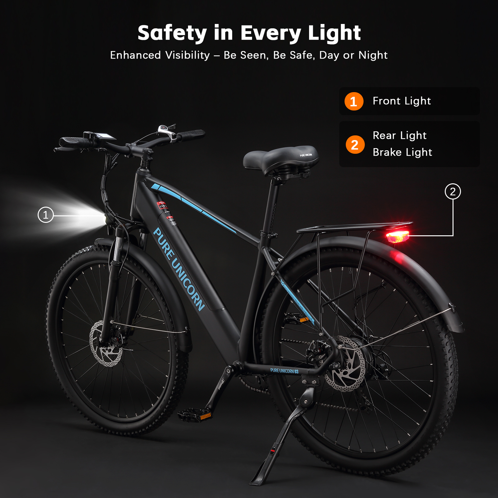 Bicicleta negra con luces delantera y trasera iluminadas.
