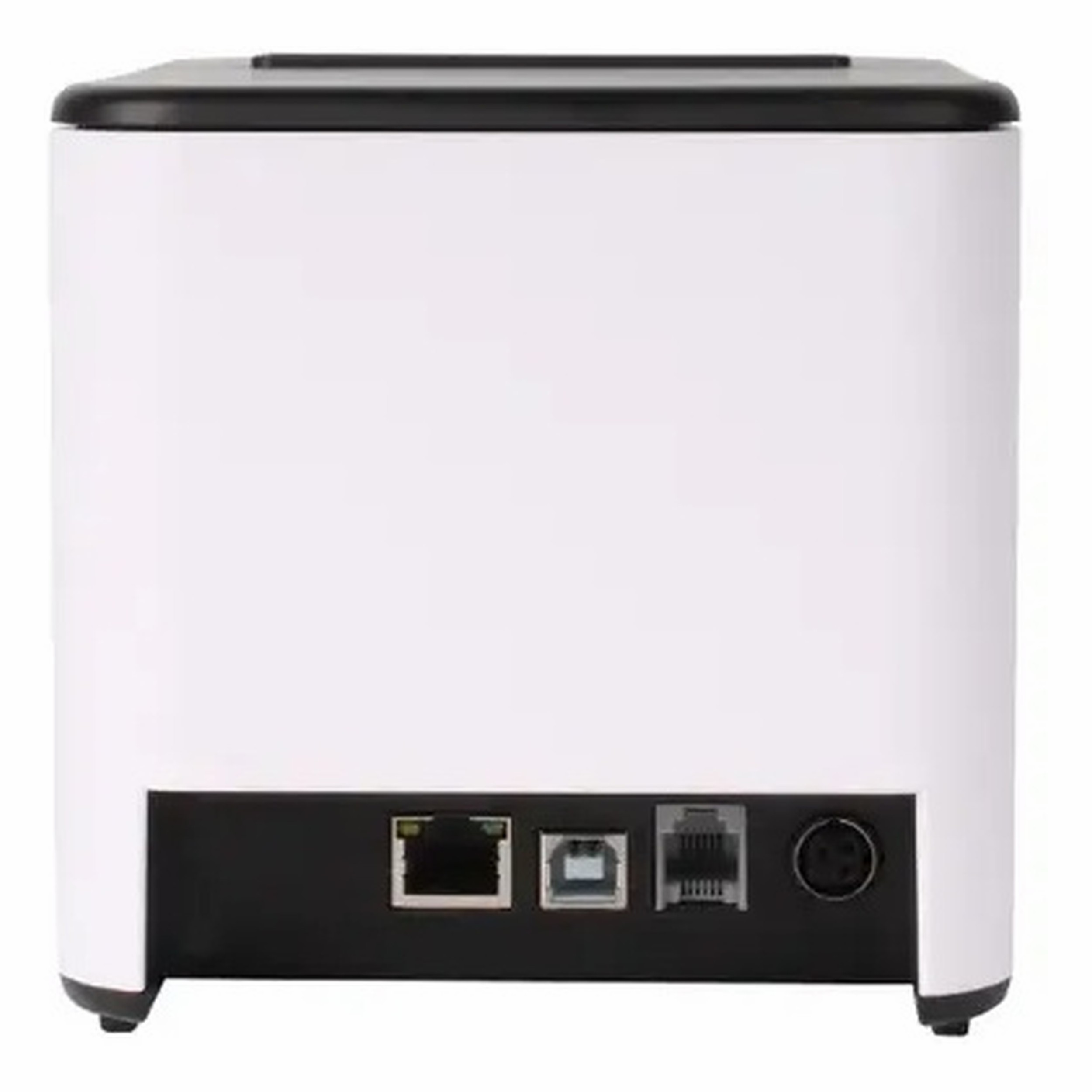 Siyah panelli beyaz kutu: Ethernet, USB, Ethernet, güç bağlantı noktaları.