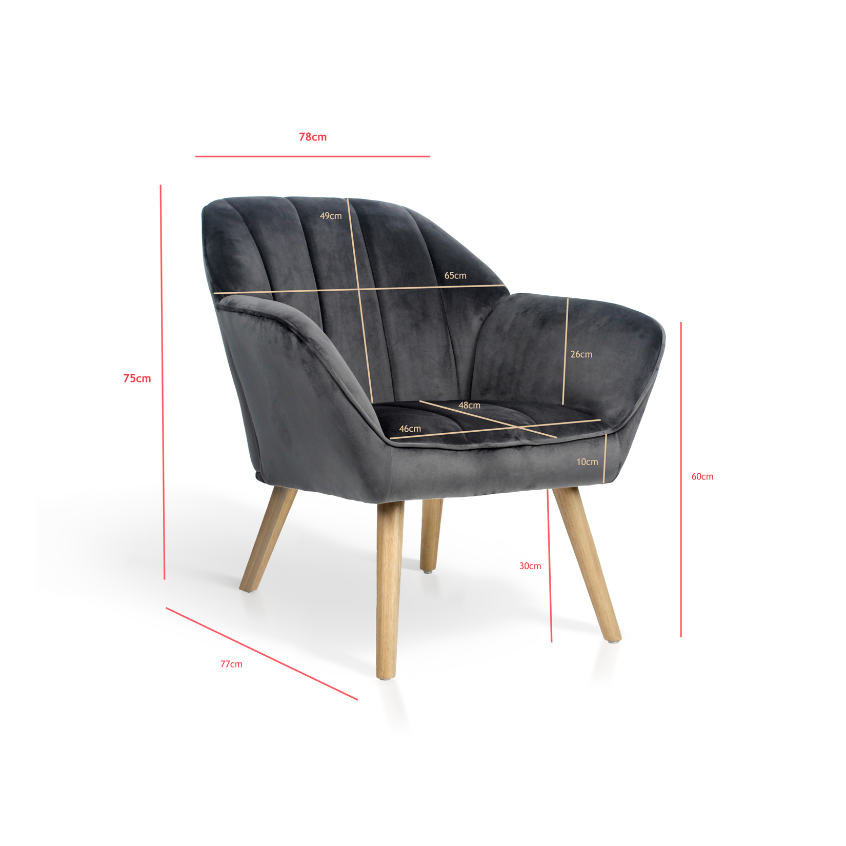 Butaca de terciopelo gris con medidas: 78x75x65cm. Patas de madera.