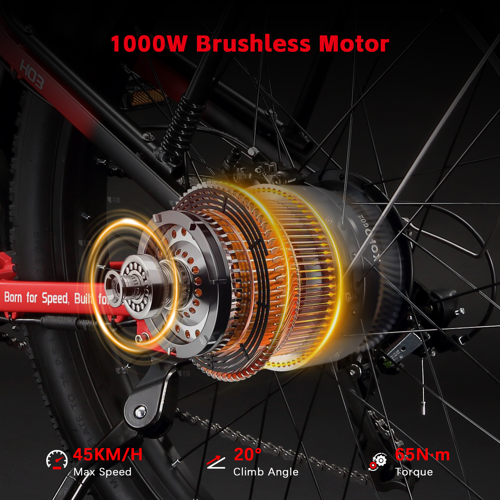 Primer plano del motor de una e-bike, 1000W, máx. 45 km/h, ángulo de subida 20°.