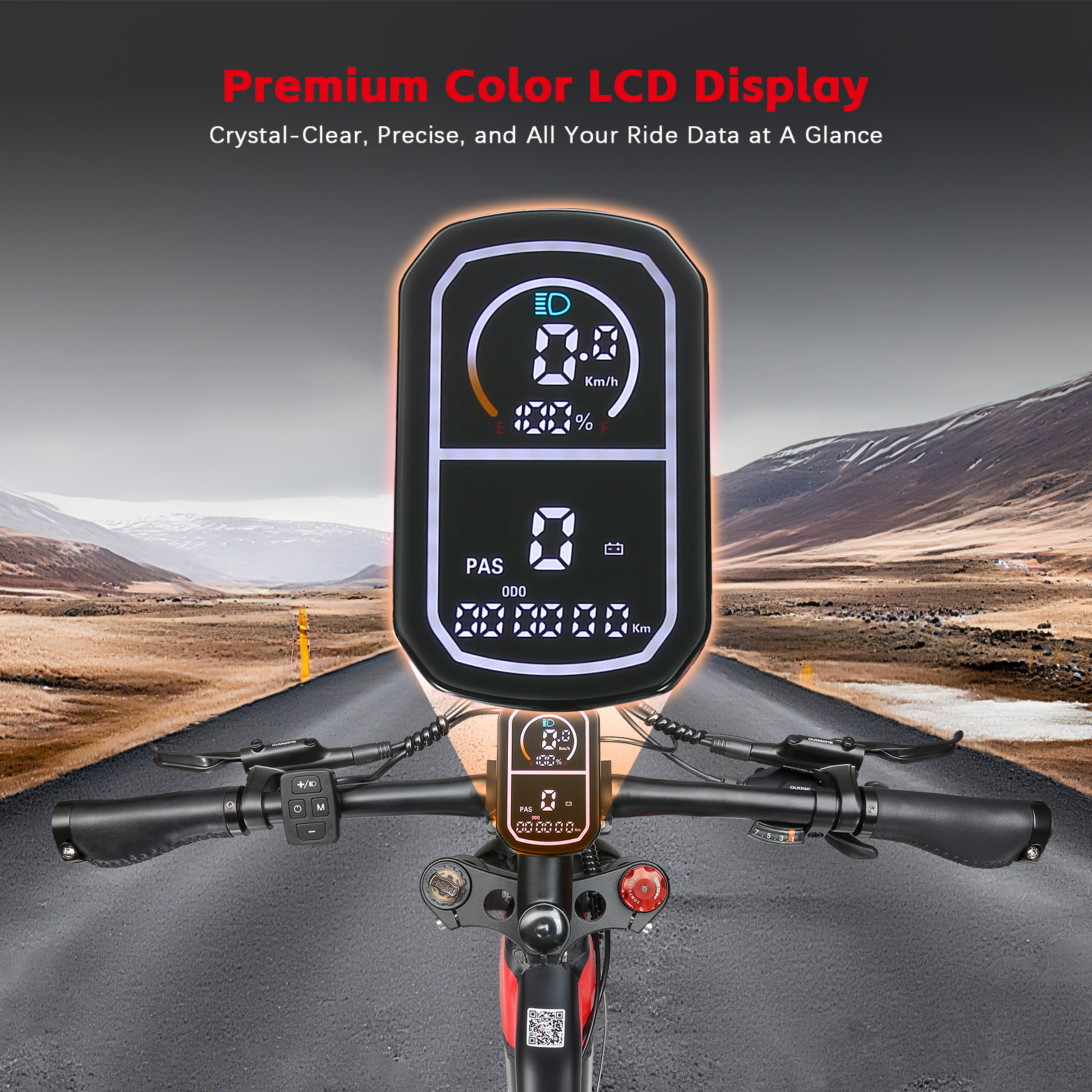Pantalla de bicicleta eléctrica mostrando velocidad, batería y odómetro en carretera.