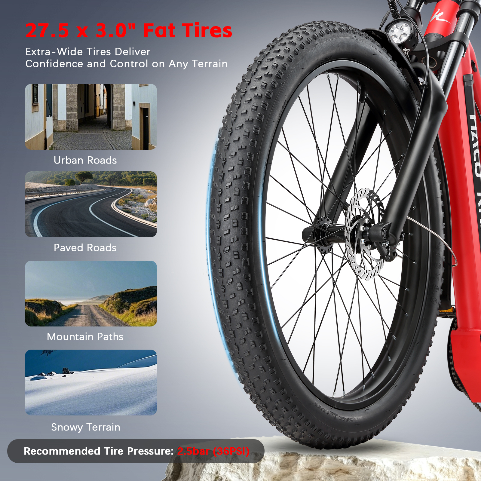 Bicicleta roja con llantas anchas, mostrando terrenos urbanos, pavimentados y de montaña.