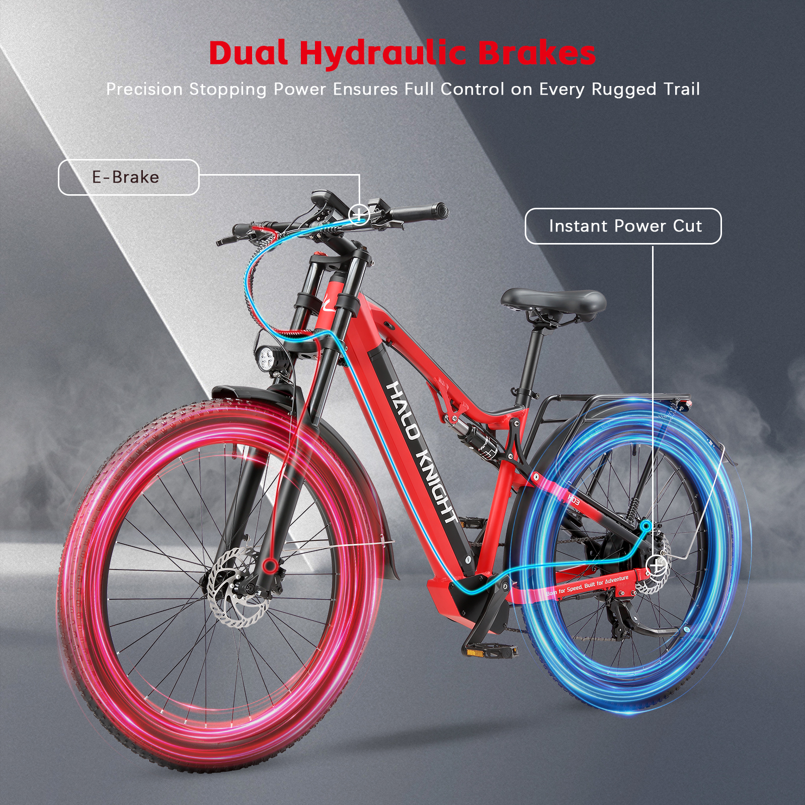 Bicicleta eléctrica roja con frenos hidráulicos duales y círculos brillantes.