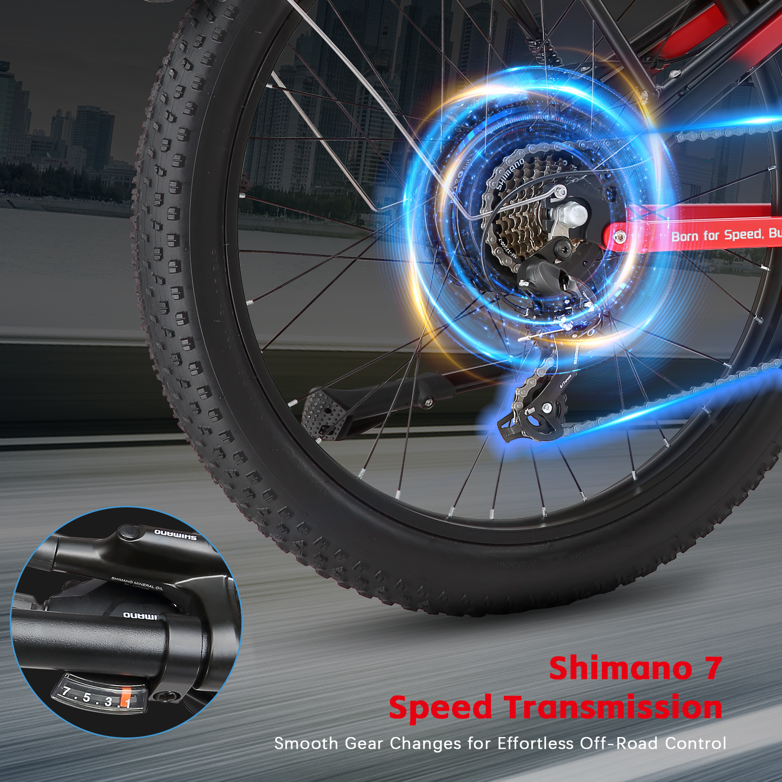 Primer plano del tren de transmisión de una bicicleta con anillos de luz.