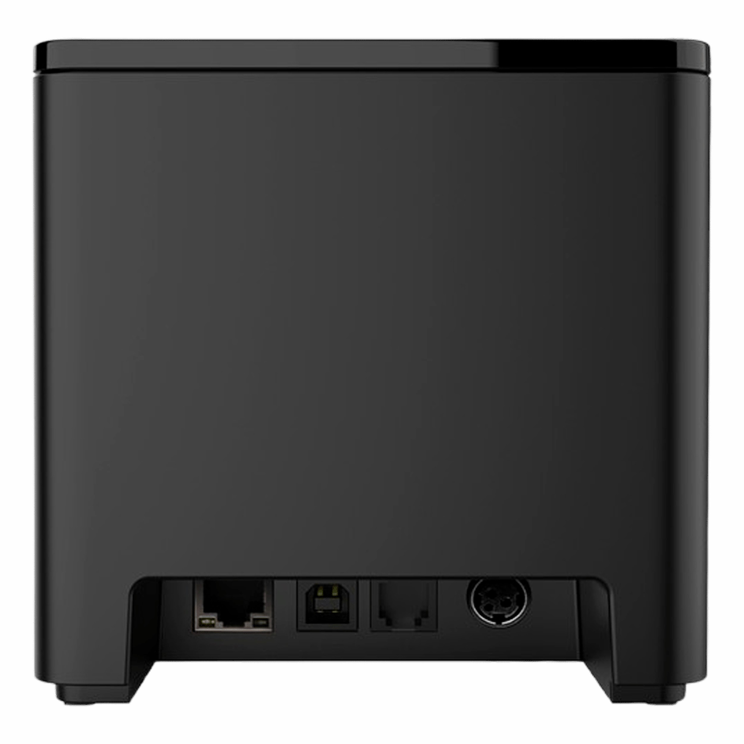 Siyah bir yönlendiricinin arkası, portlar: Ethernet, USB ve güç.