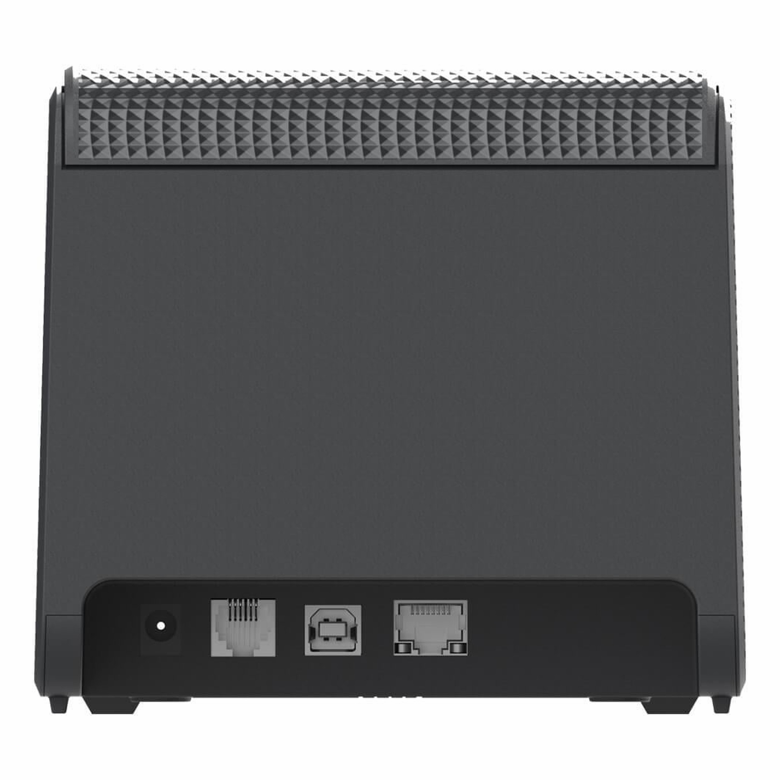 Güç, ethernet, USB ve iki ethernet portuna sahip siyah bir yönlendiricinin arkası.