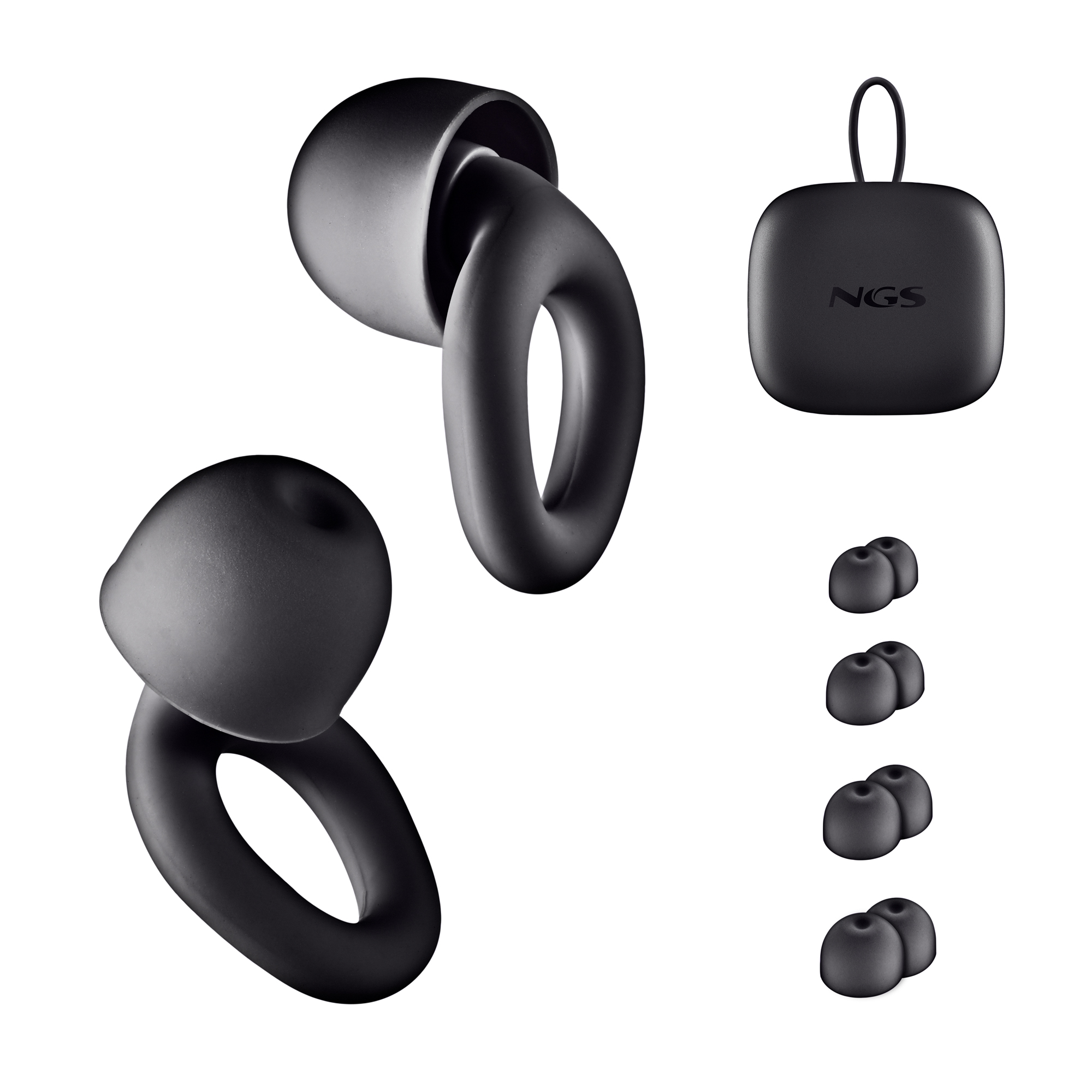Auriculares negros, un estuche de carga con logo NGS y almohadillas de repuesto.