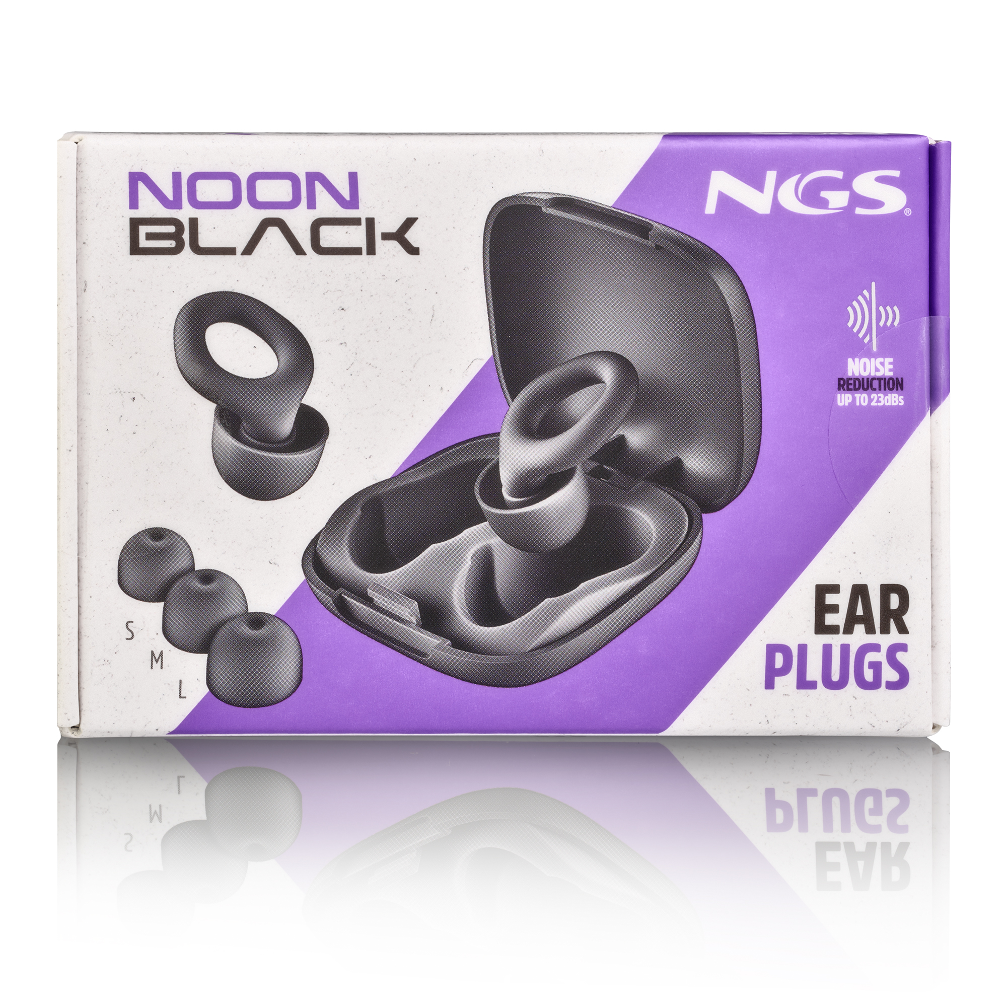 Caja de tapones para los oídos: modelo Noon Black con estuche de carga y tres tamaños.