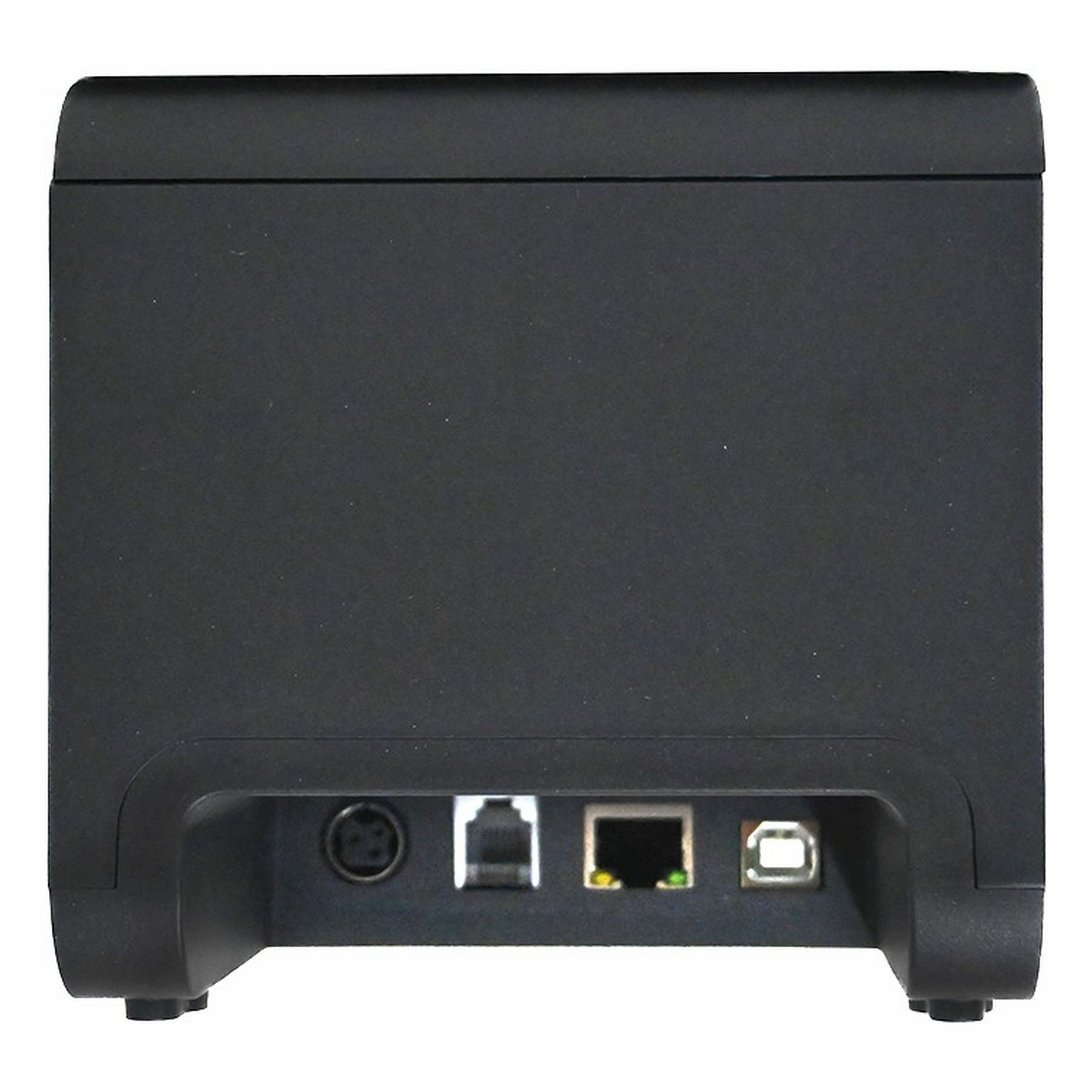 Siyah bir yazıcının arkasında güç, Ethernet ve USB bağlantı noktaları.