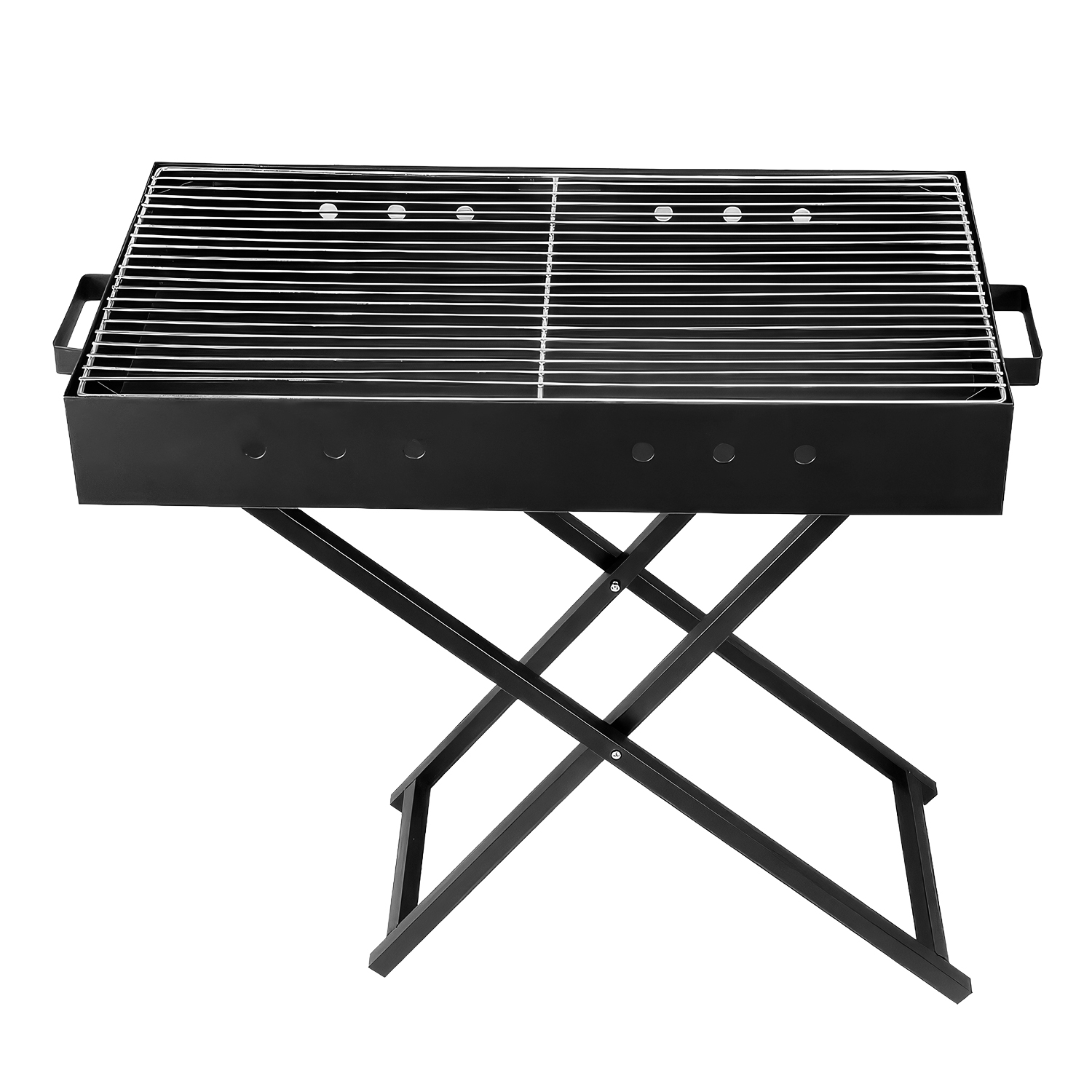 Parrilla negra con soporte metálico plegable, aislada sobre fondo blanco.