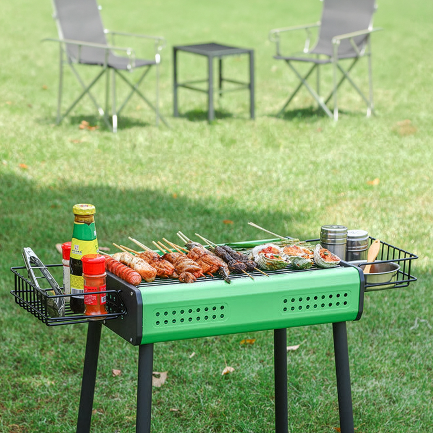 Parrilla verde con brochetas de comida, condimentos y pinzas en césped.