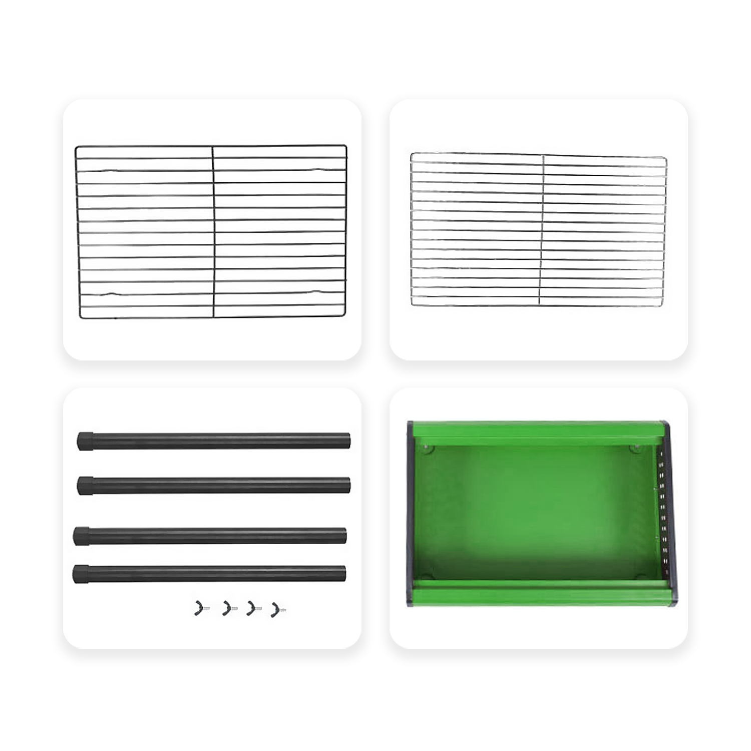 Una rejilla negra y una plateada sobre una caja verde con tubos.