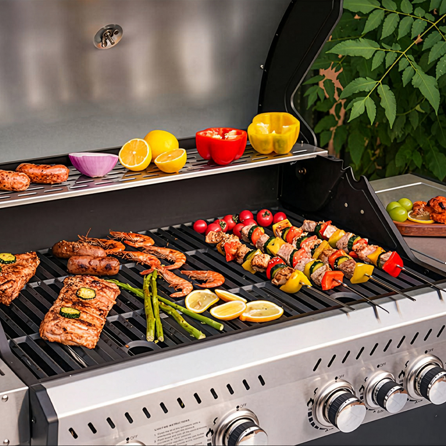 Una parrilla con carne, camarones, brochetas, verduras y rodajas de limón.