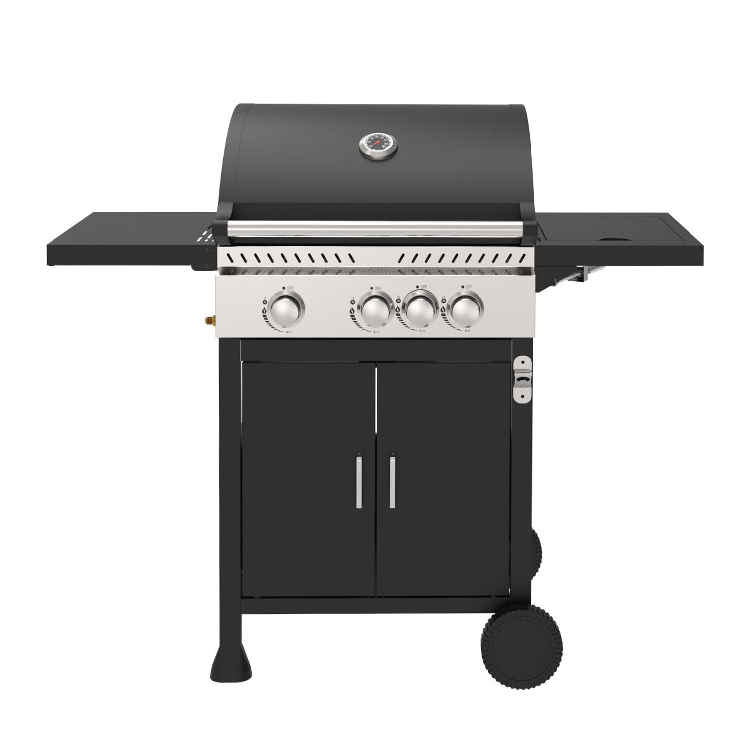 Parrilla de gas negra con termómetro, cuatro perillas y dos estantes laterales.