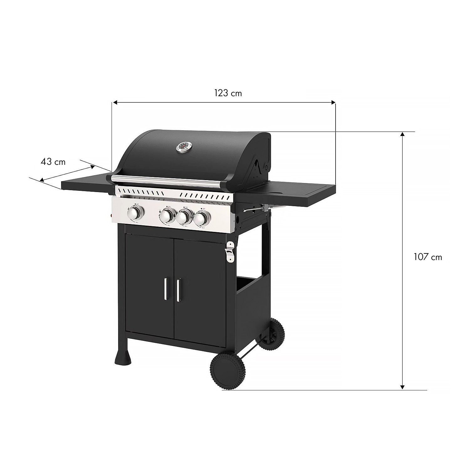 Carro de parrilla negro con tres perillas plateadas y dos puertas. Dimensiones: 123x43x107 cm.