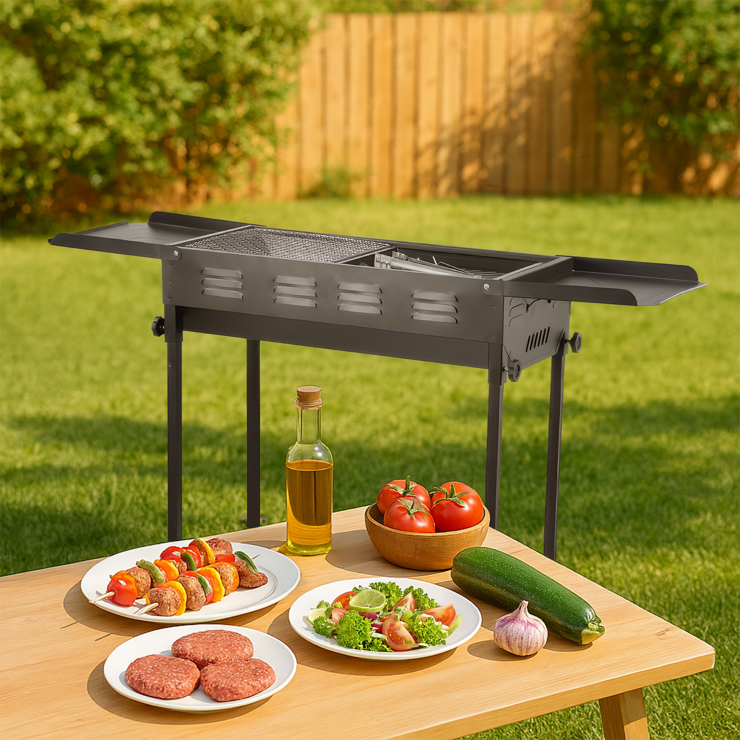 Una parrilla en un jardín con brochetas, hamburguesas, ensalada, aceite, tomates, calabacín y ajo en una mesa.