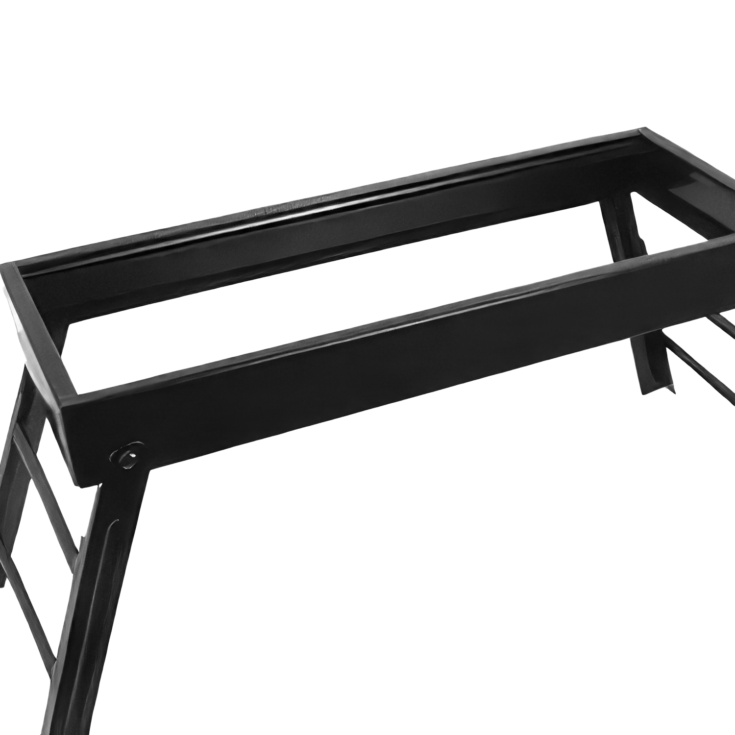Marco de metal negro de un soporte con patas anguladas, fondo blanco.