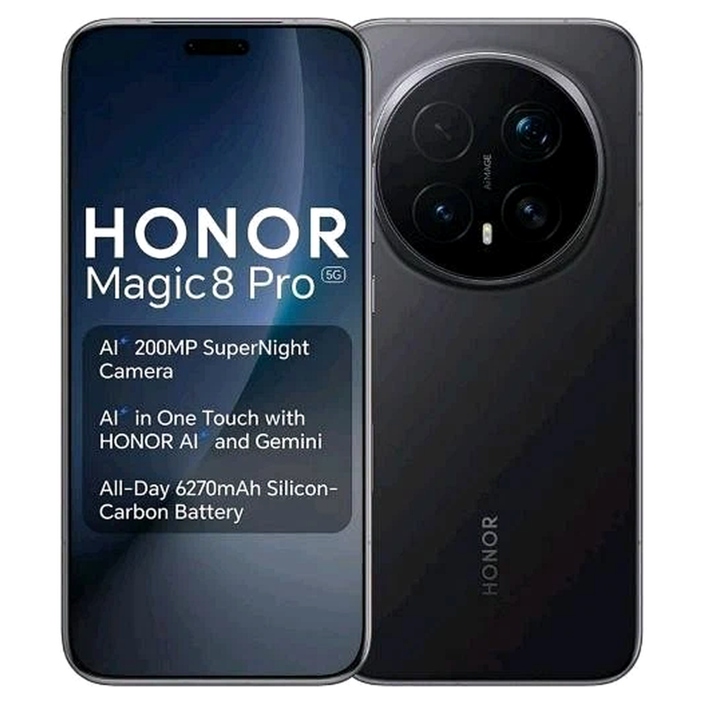 Uno smartphone nero Honor Magic 8 Pro che mostra il modulo fotocamera e testo.