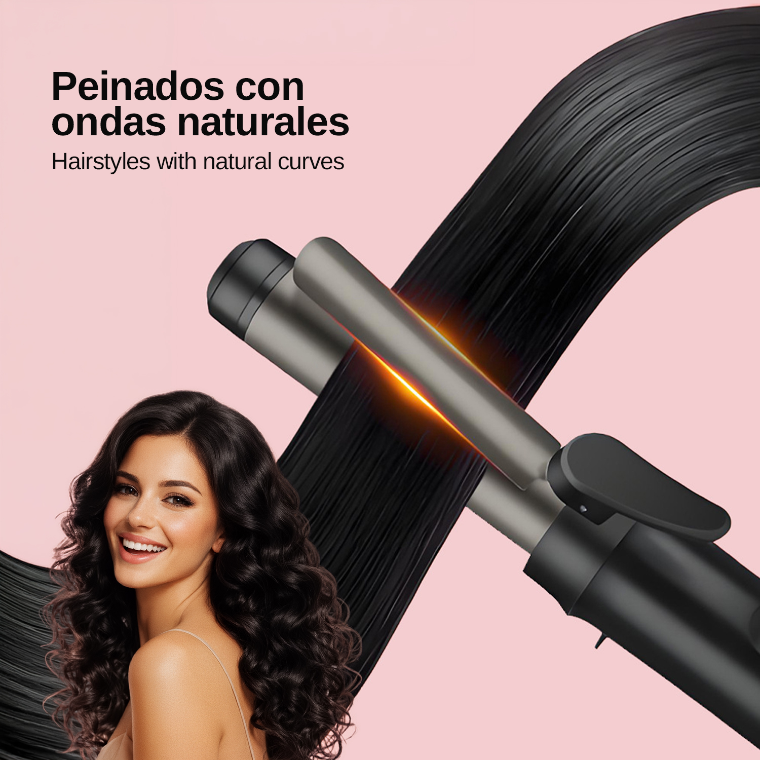 Mujer con cabello rizado y brillante moldeado con rizador.