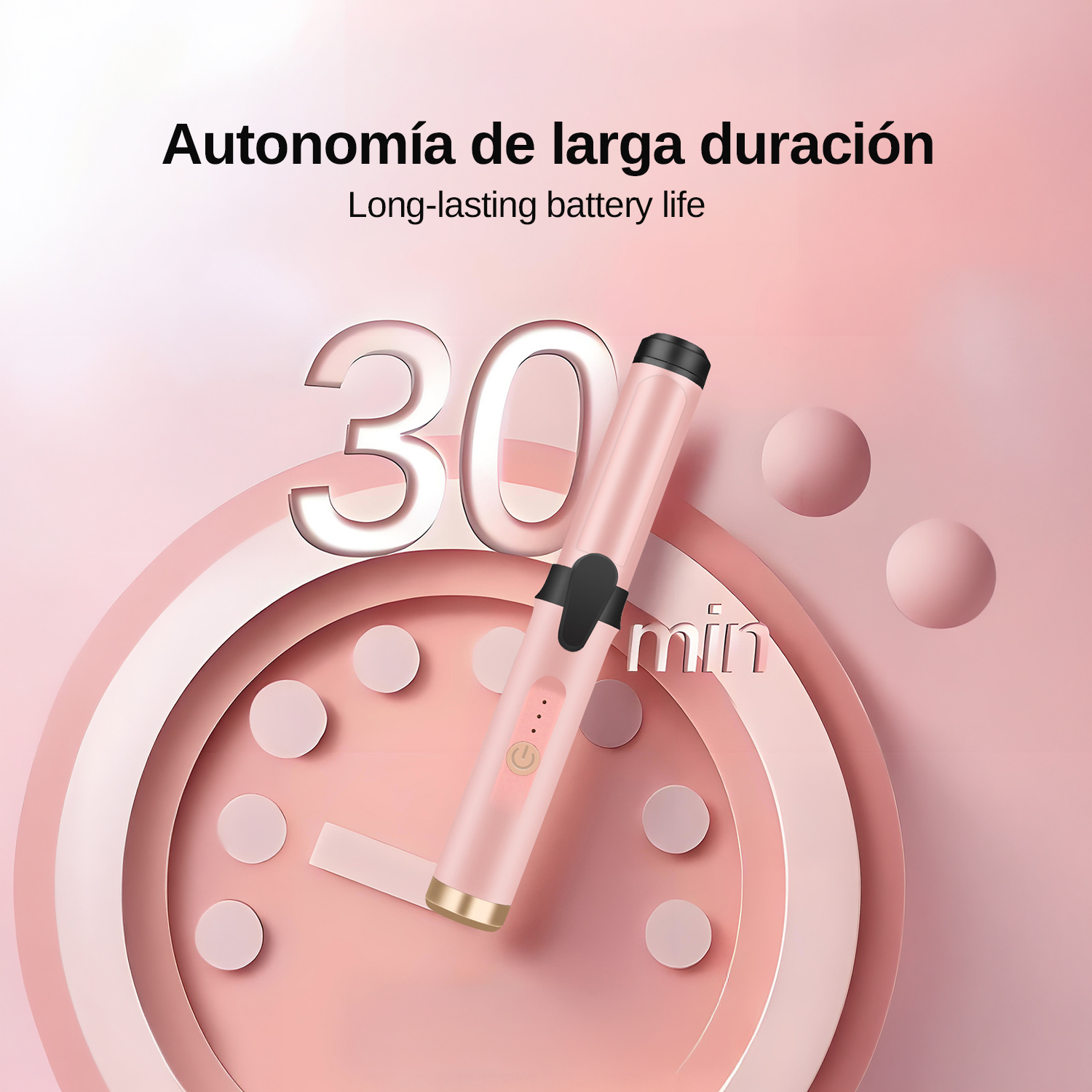 Rizador rosa sobre un reloj rosa que indica 30 minutos de batería.
