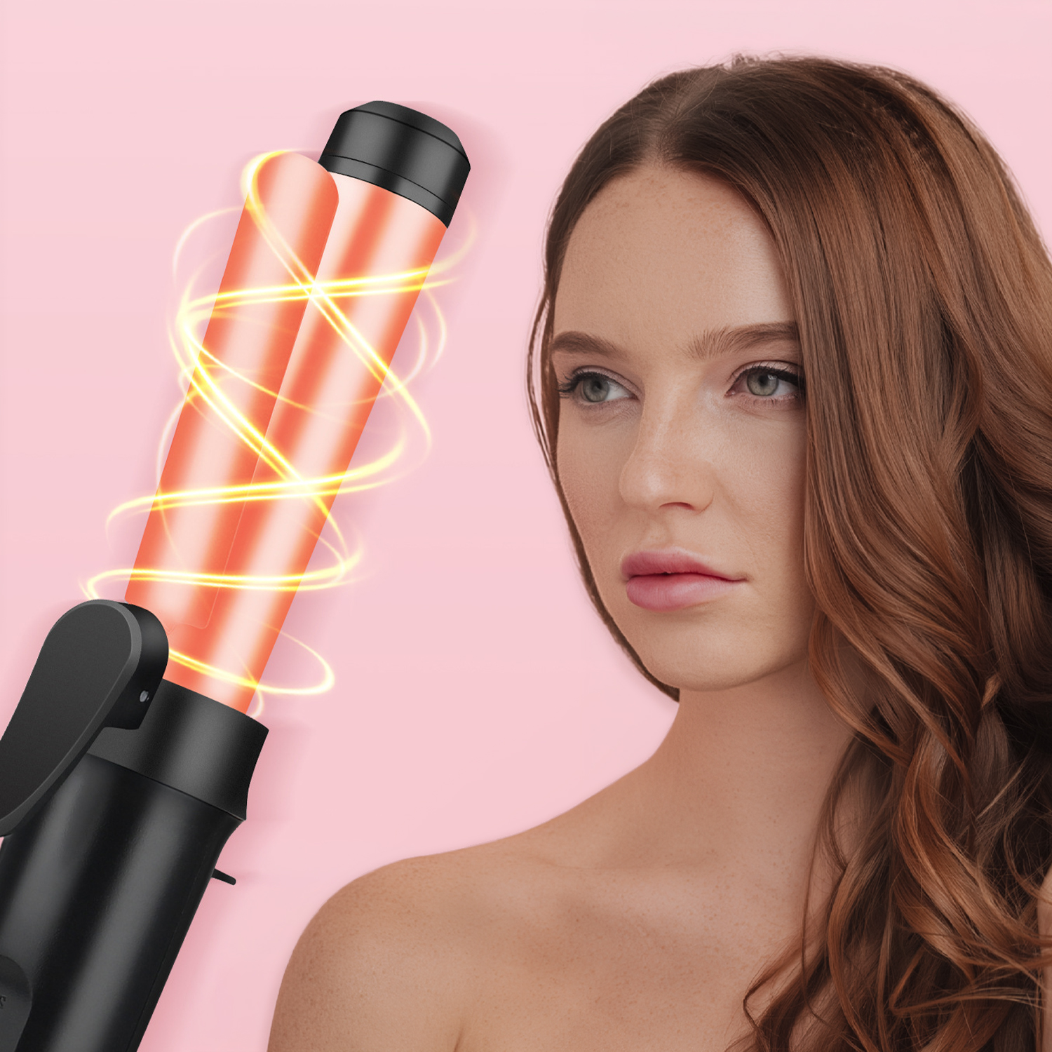 Un rizador con barriles calientes incandescentes junto a una mujer pelirroja.