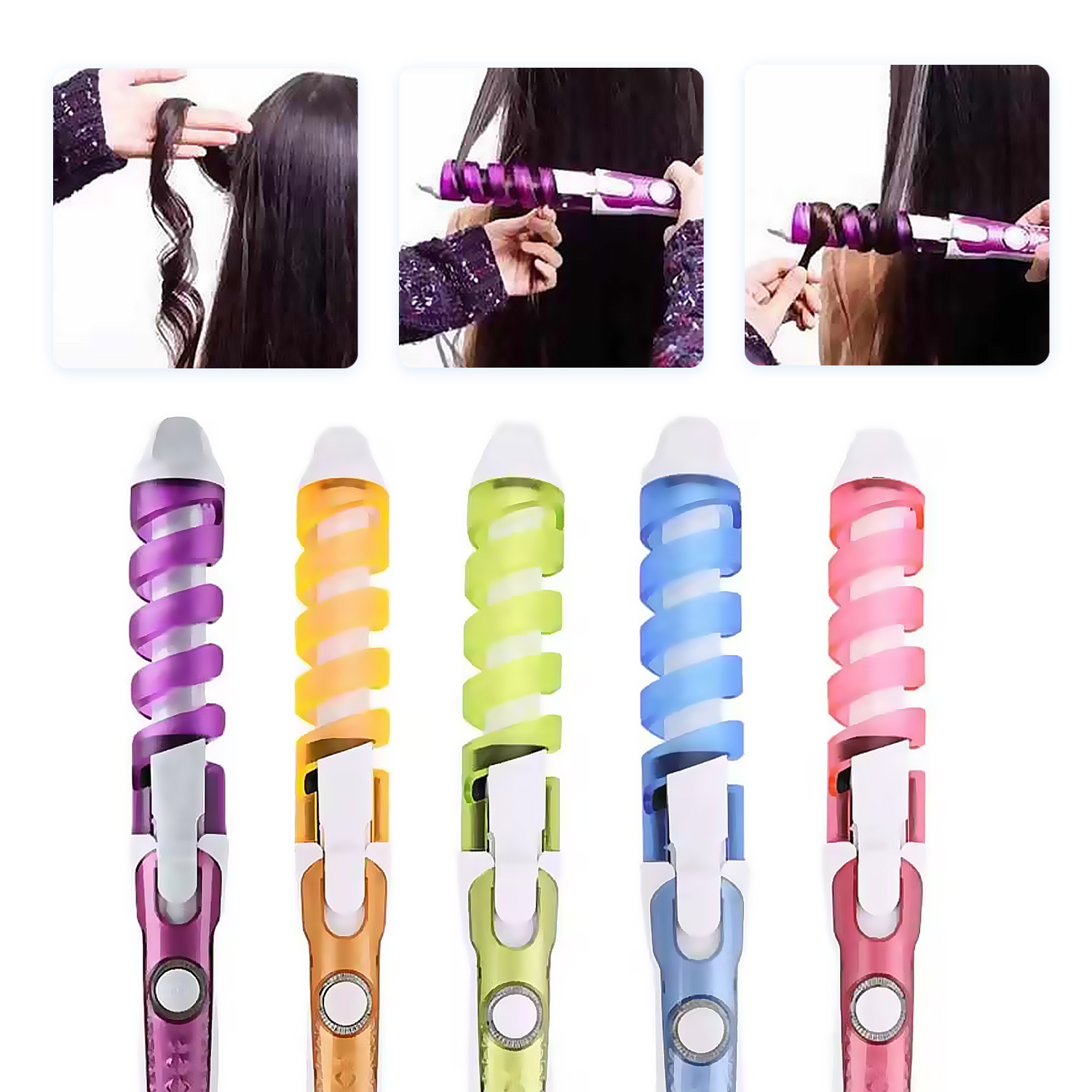 Rizadores de pelo en morado, naranja, verde, azul y rosa con imágenes instructivas.