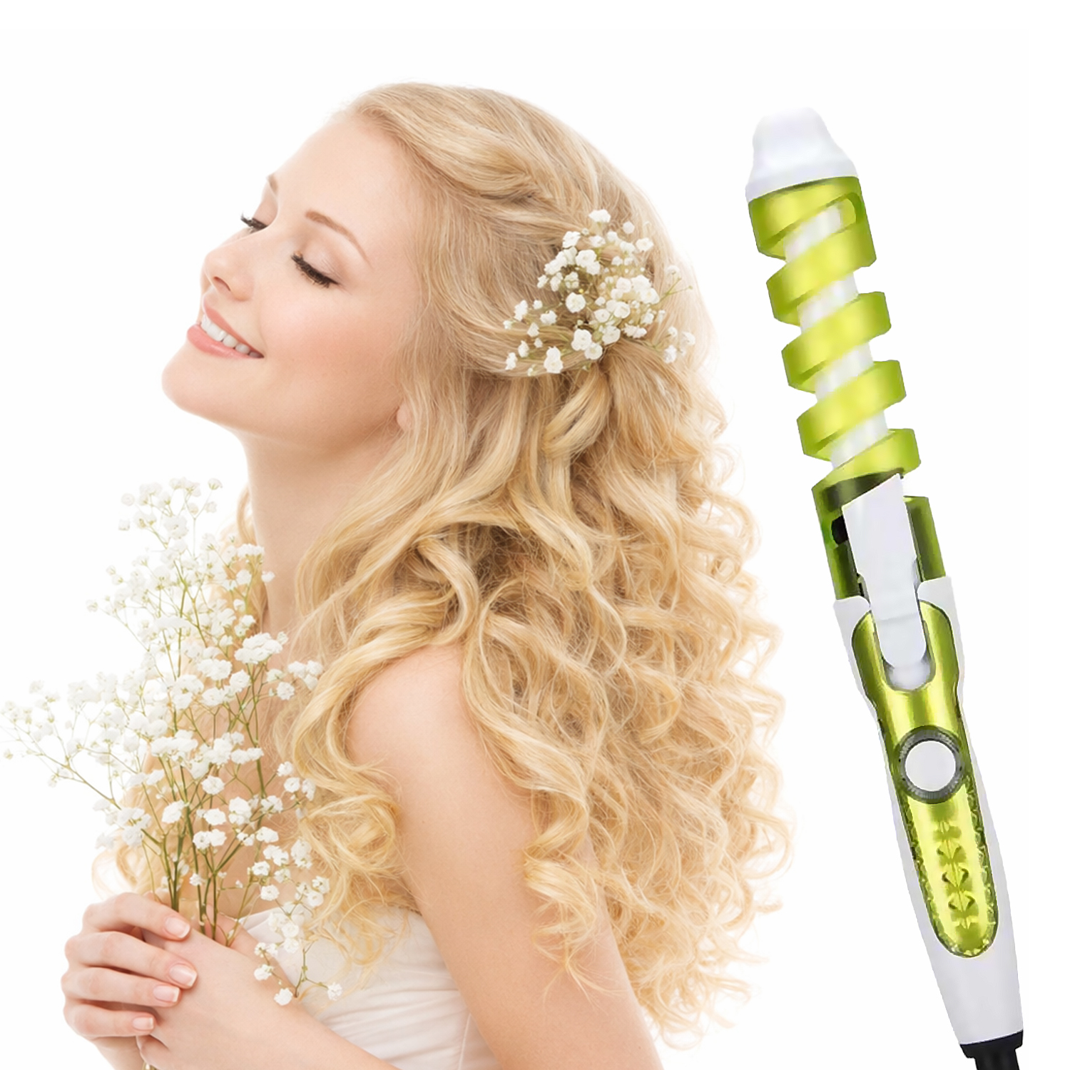Mujer con rizos y flores, junto a un rizador con barril en espiral.
