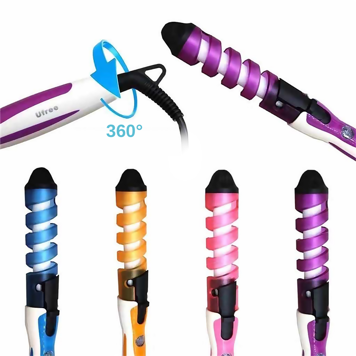 Cinco rizadores de pelo en espiral en azul, naranja, rosa y morado. Un rizador gira 360 grados.
