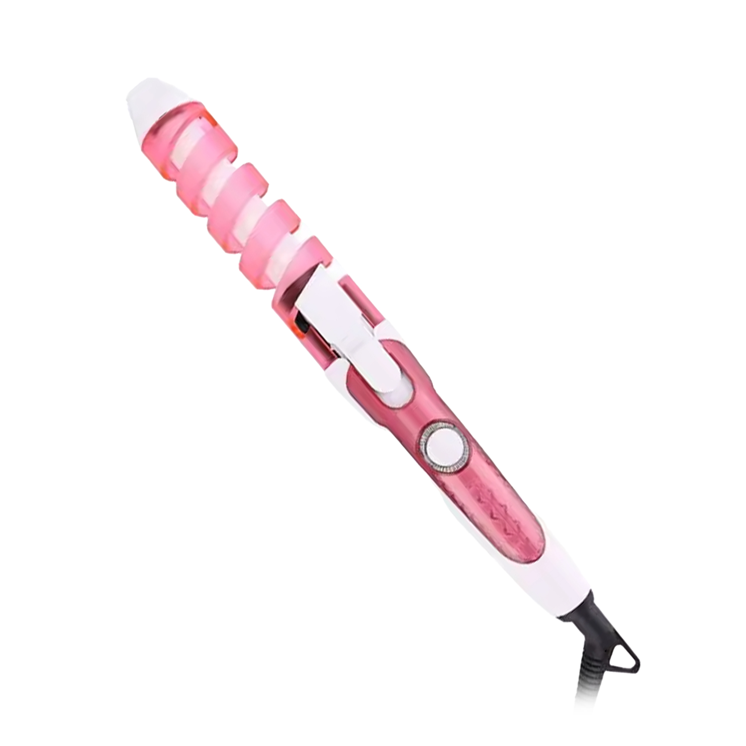 Un rizador rosa y blanco con un elemento calefactor en espiral.