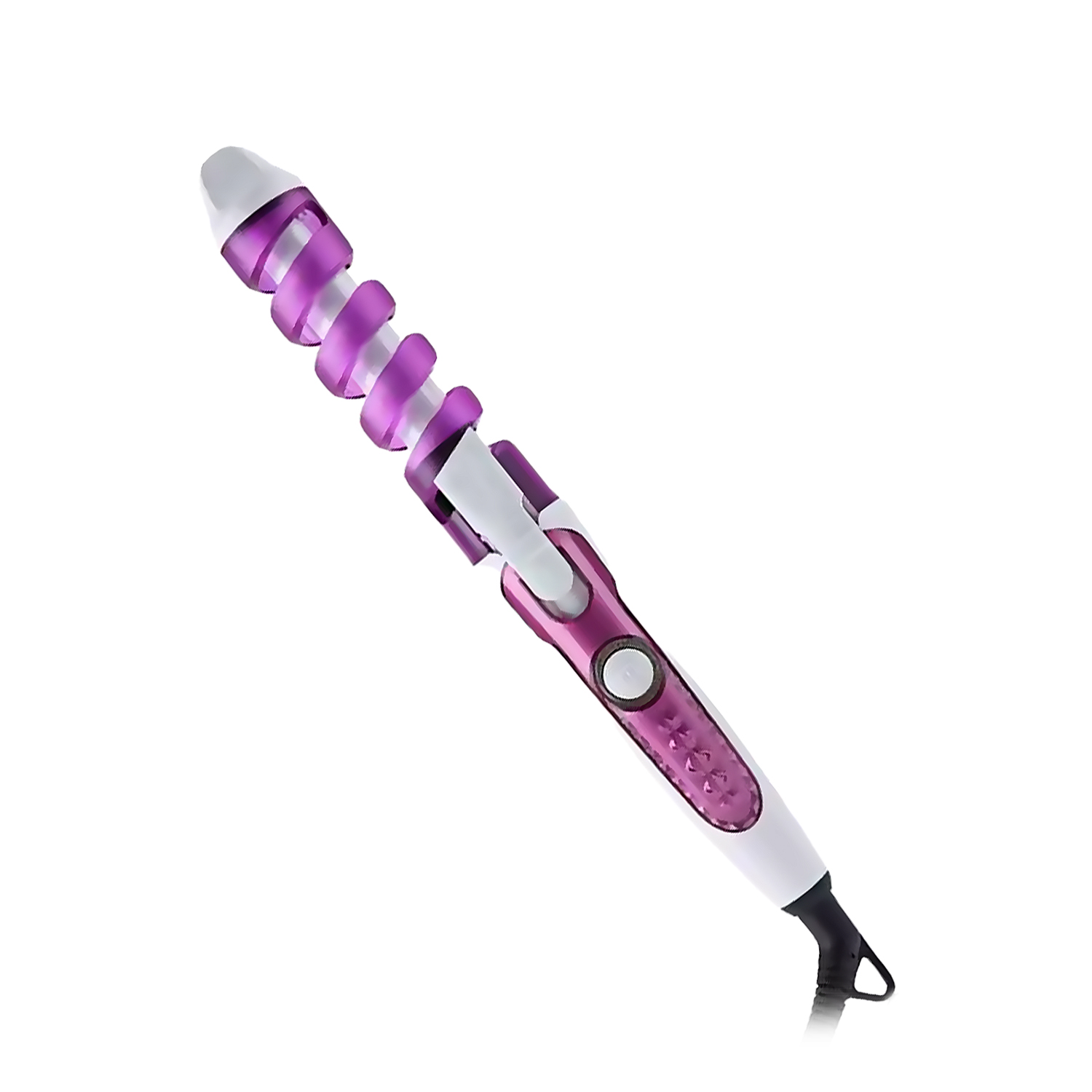 Ein pinkfarbener und weißer Lockenstab mit einer spiralförmigen Heizstange.