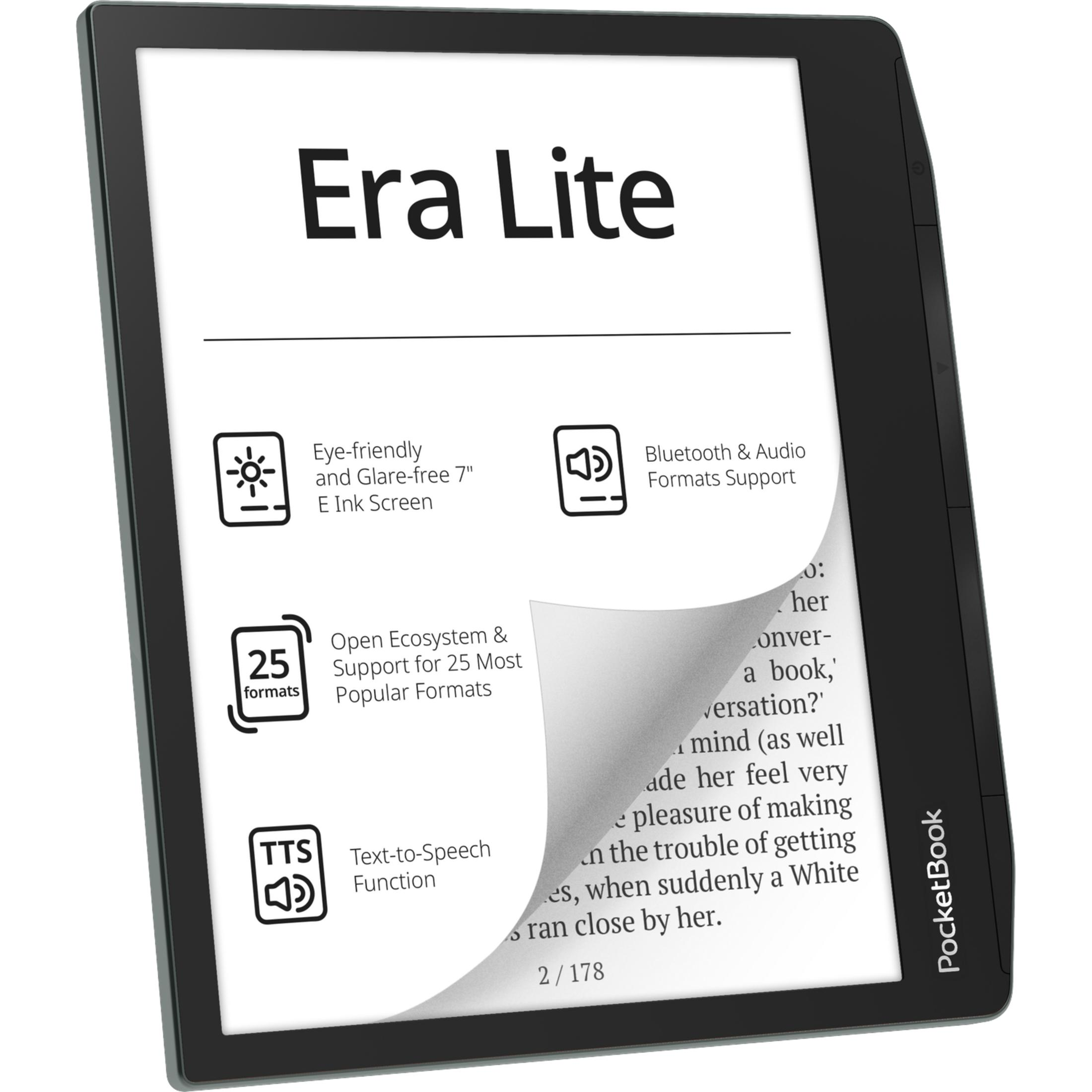 Un dispositivo e-reader nero intitolato "Era Lite" che elenca le funzionalità.