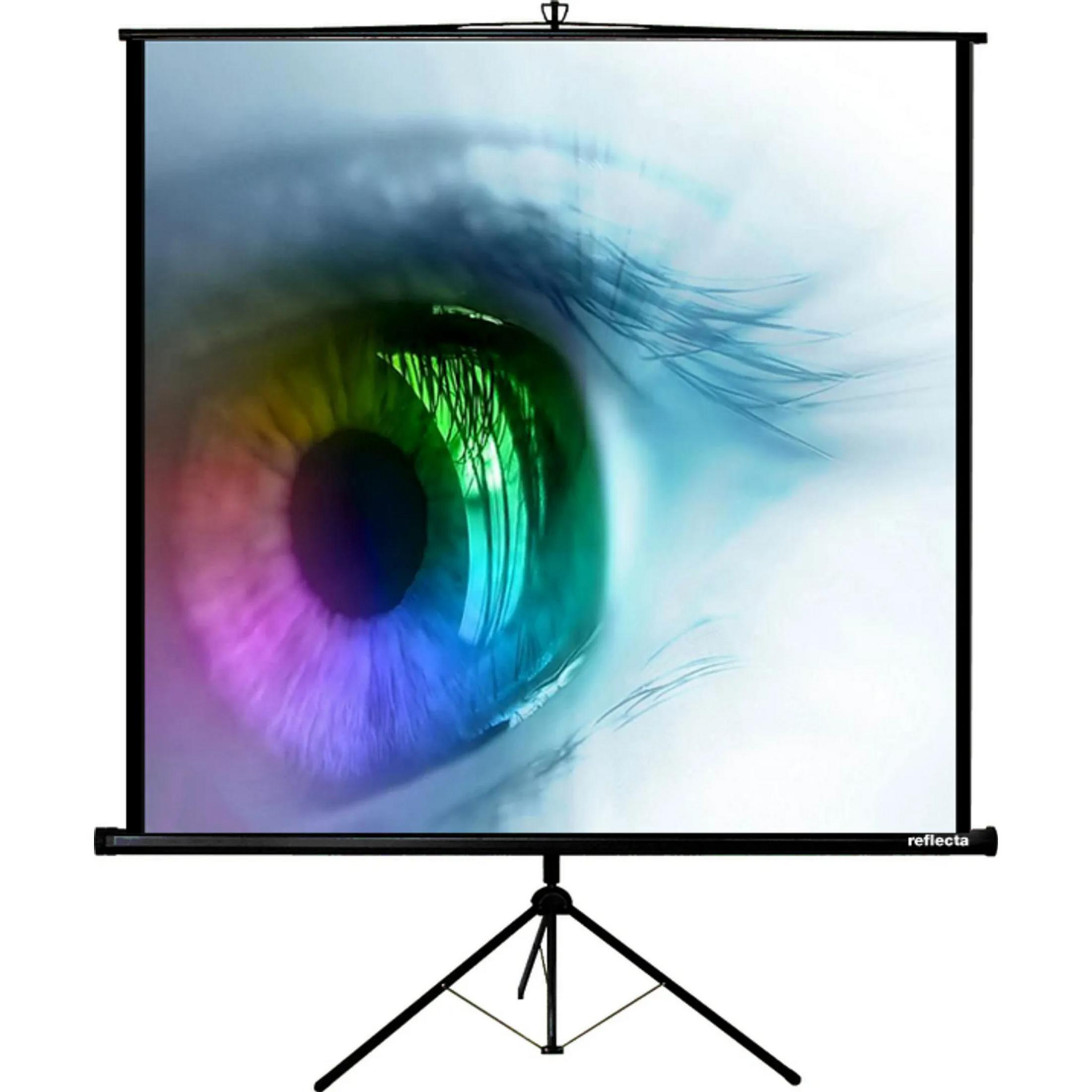 Ein Projektionsleinwand mit einem bunten Auge im Hintergrund auf einem Stativ.