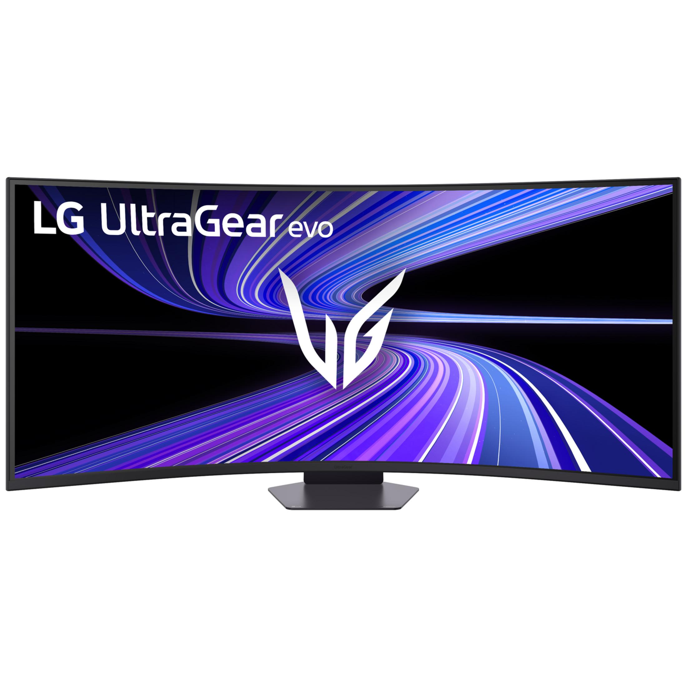 Zakrzywiony monitor LG UltraGear z stylizowanym logo LG na fioletowo-niebieskim tle.