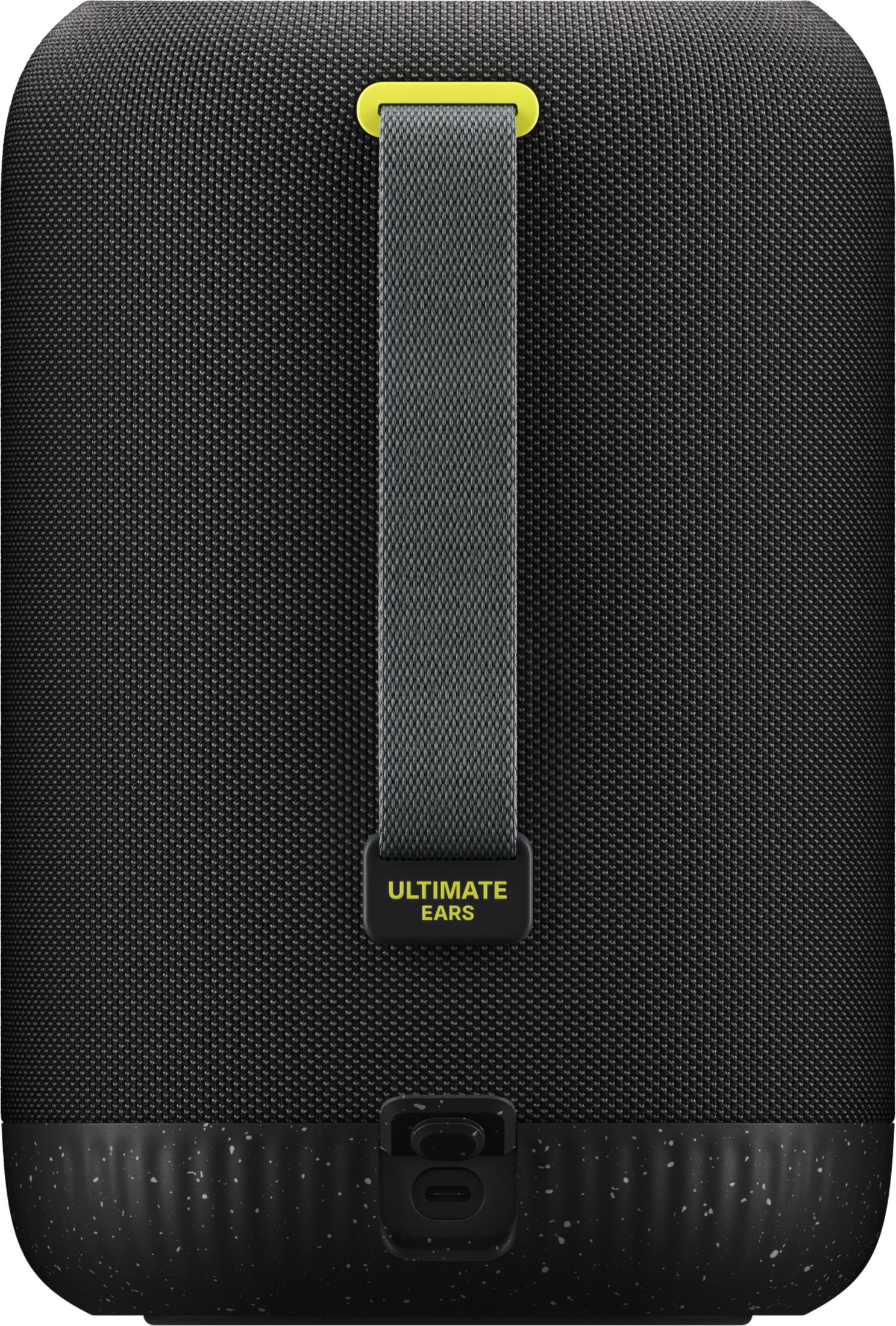 Altoparlante Bluetooth nero con cinghia grigia e anello giallo.
