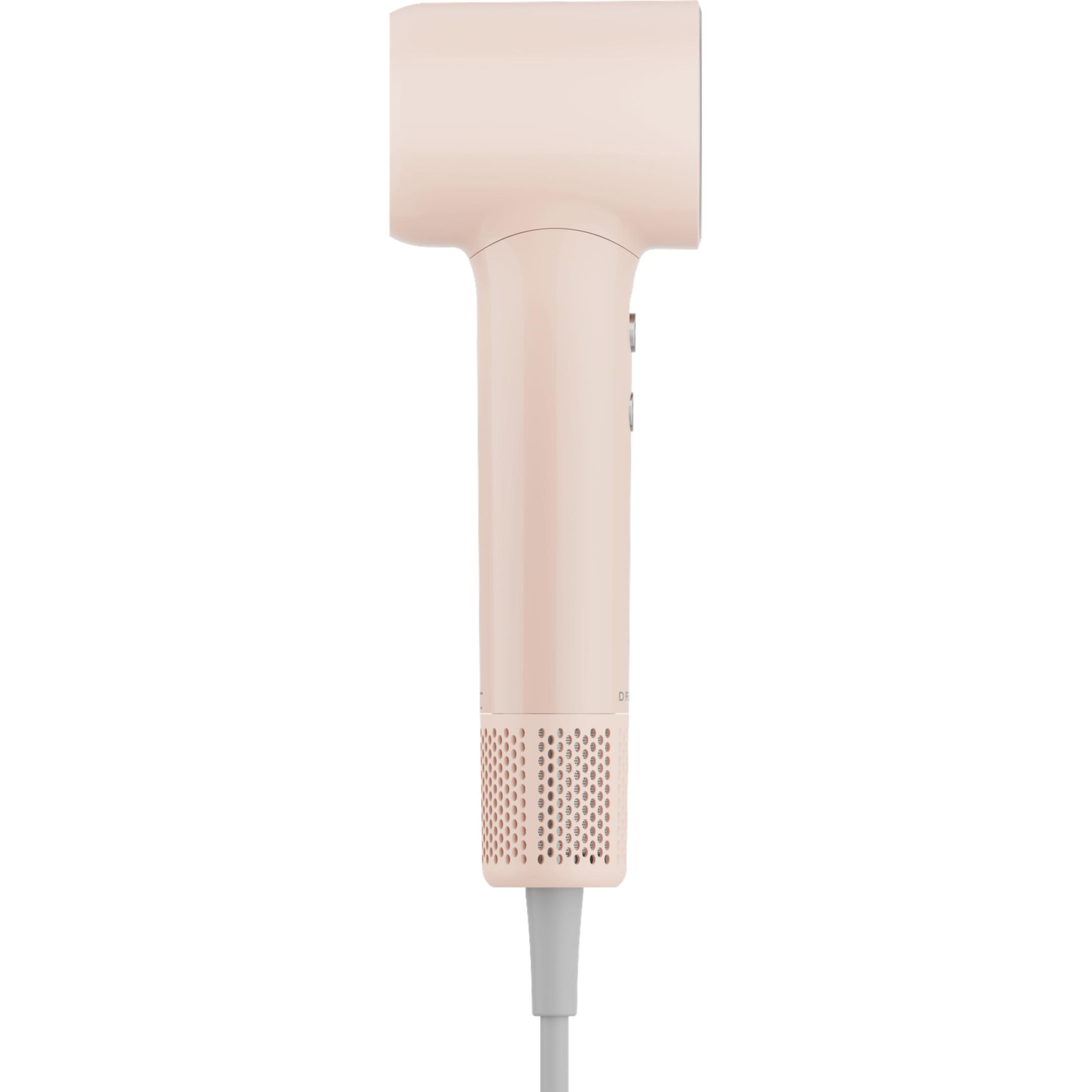 Un asciugacapelli rosa con accenti argentati e un cavo grigio.