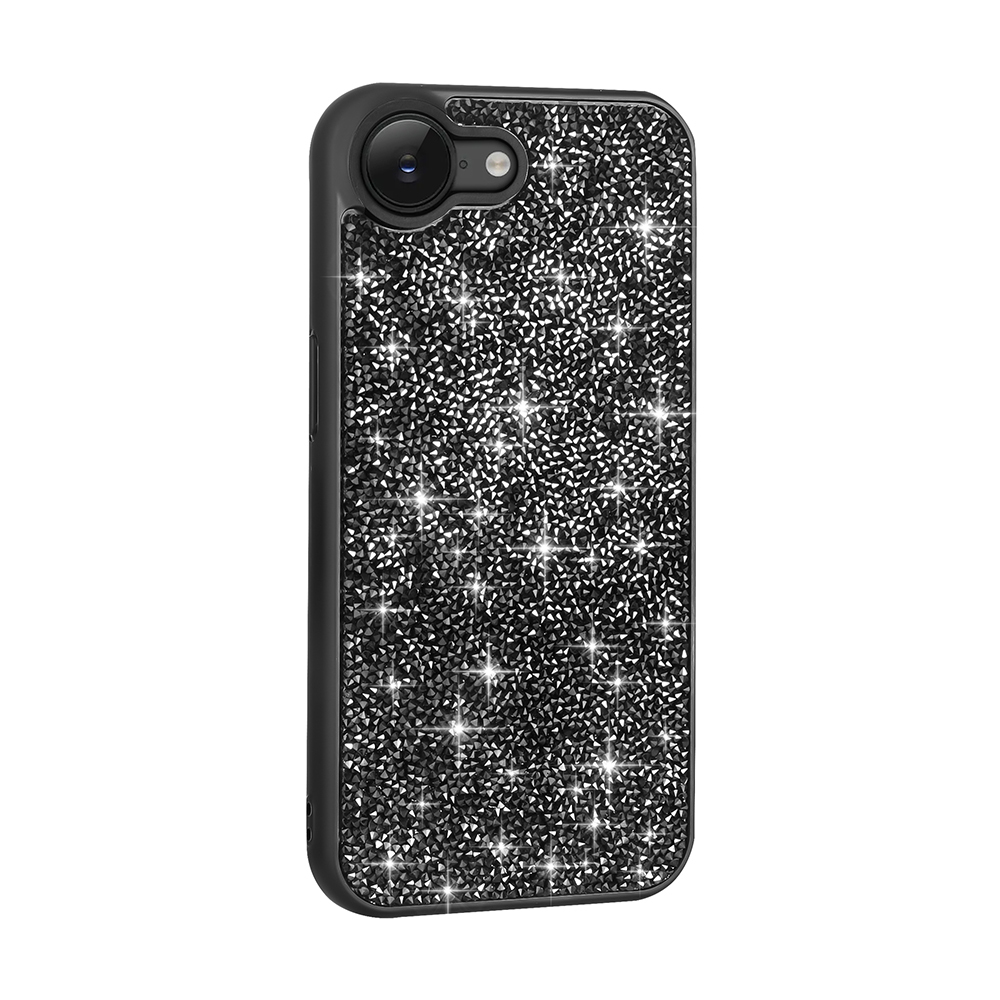 Funda de teléfono negra con piedras brillantes y recorte de cámara.