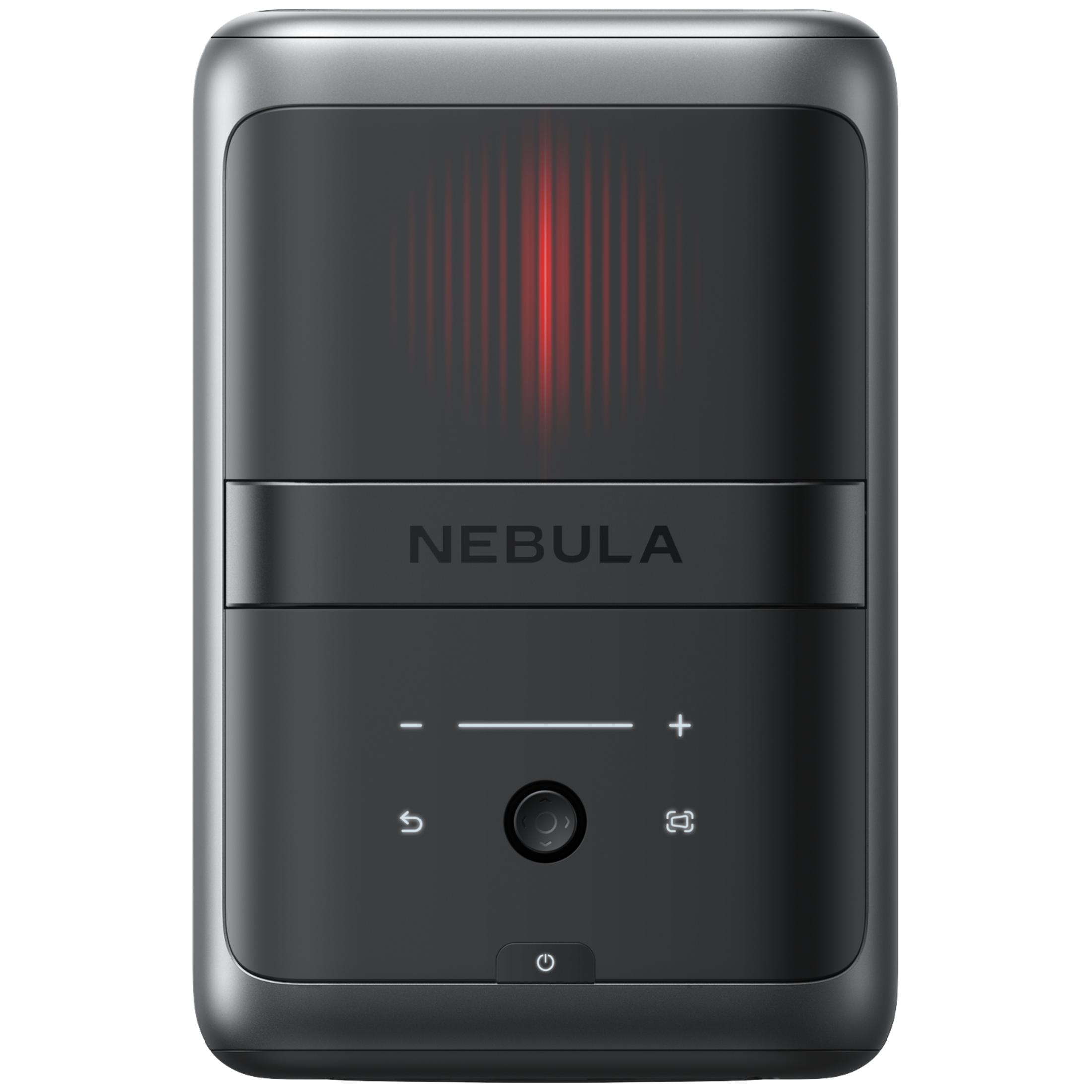 Ein dunkler, rechteckiger Projektor mit dem Namen NEBULA und roten Lichtsäulen.