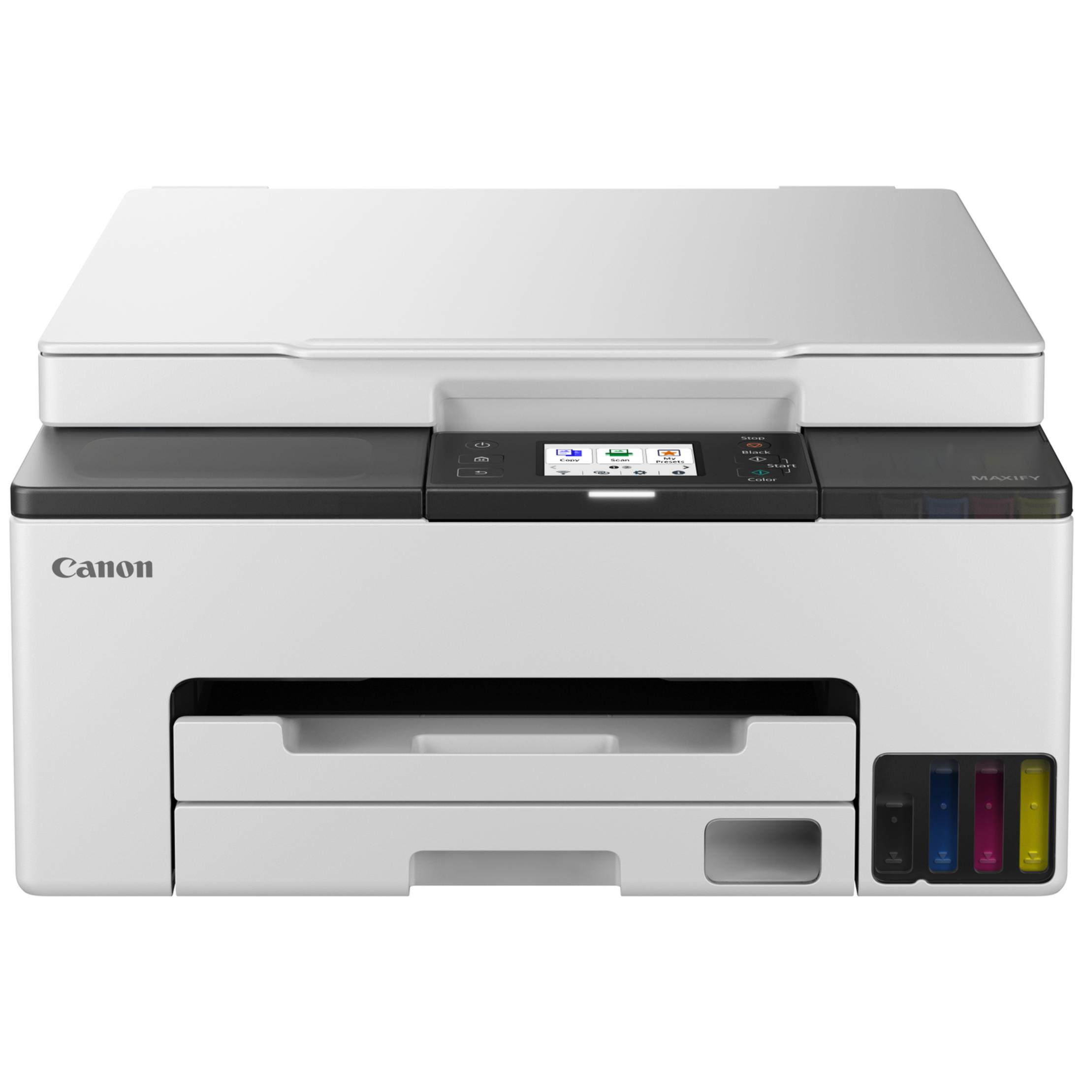 Una stampante Canon MAXIFY bianca con serbatoi d'inchiostro: nero, blu, magenta, giallo.
