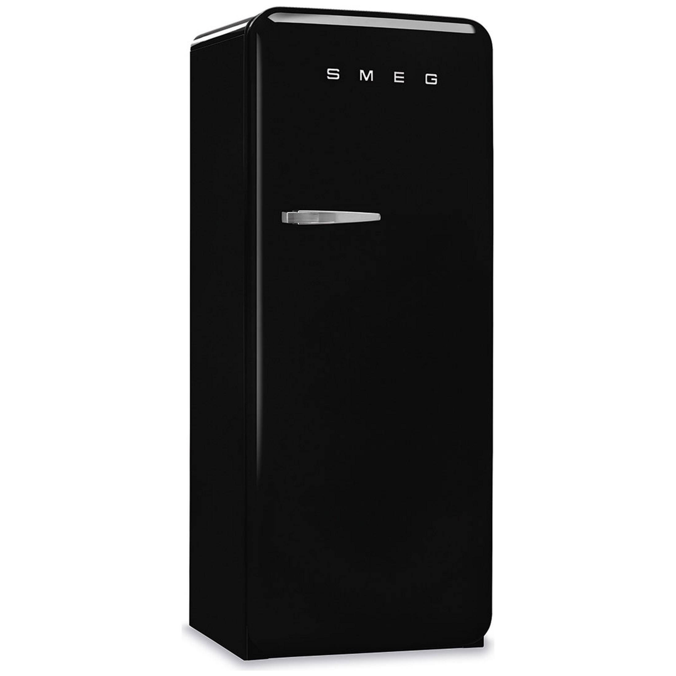 Un frigorífico SMEG negro con tirador plateado, estilo retro.