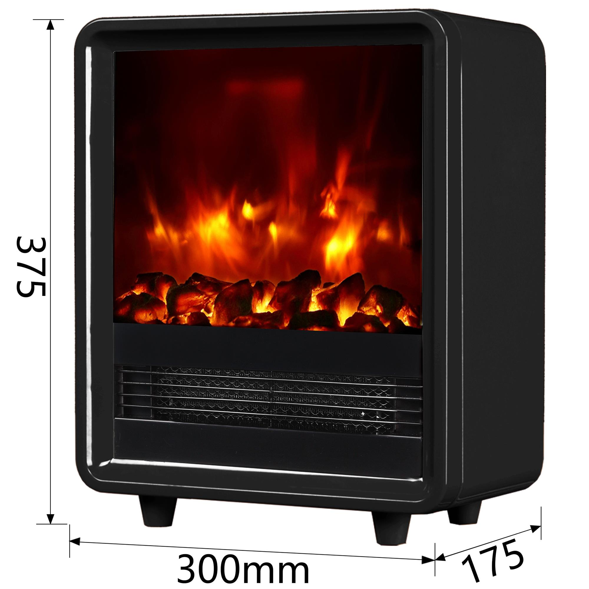 Ein schwarzer Elektrokamin mit flackernden Flammen und Holzeffekt.