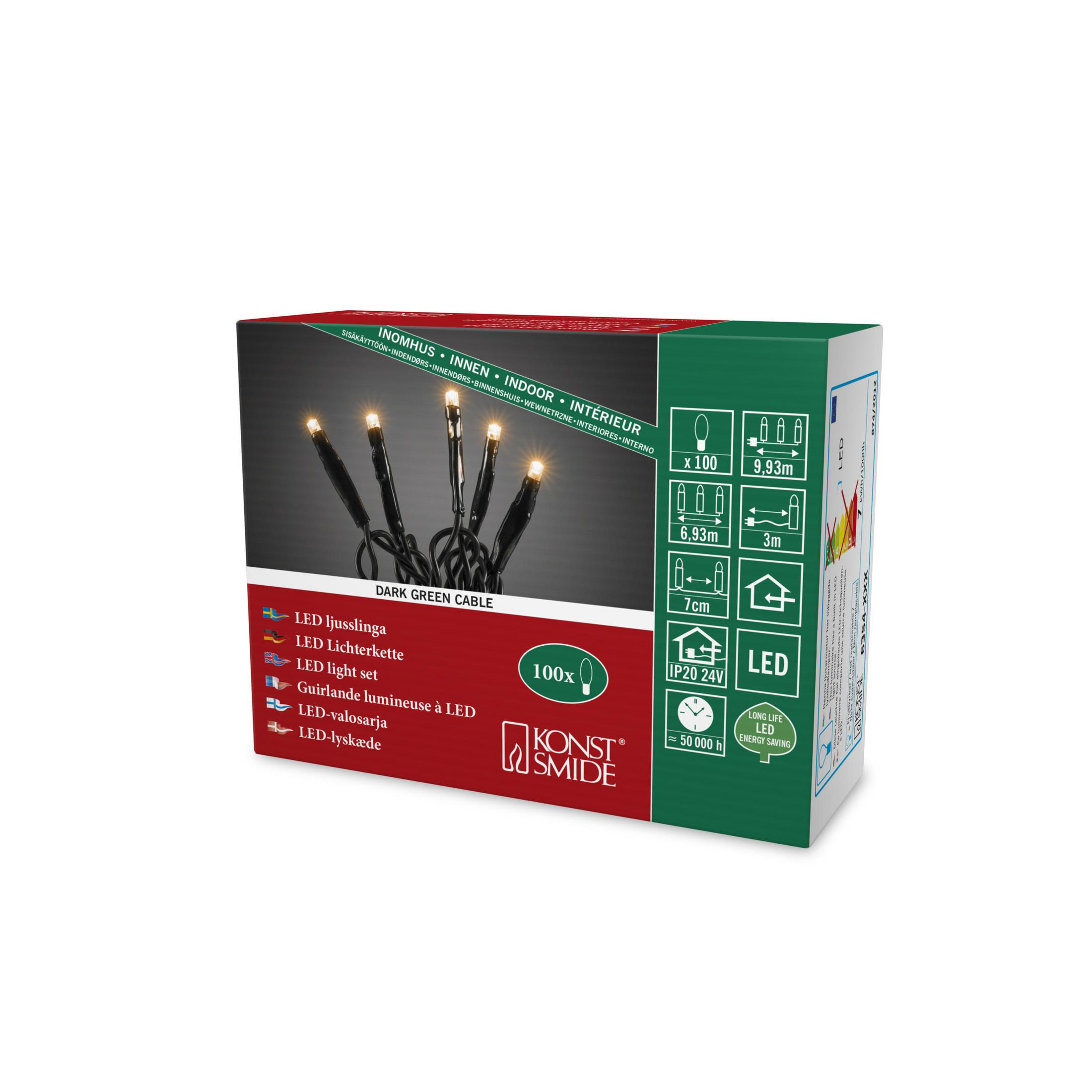 Scatola con catena luminosa LED, 100 luci, cavo verde scuro, IP20.