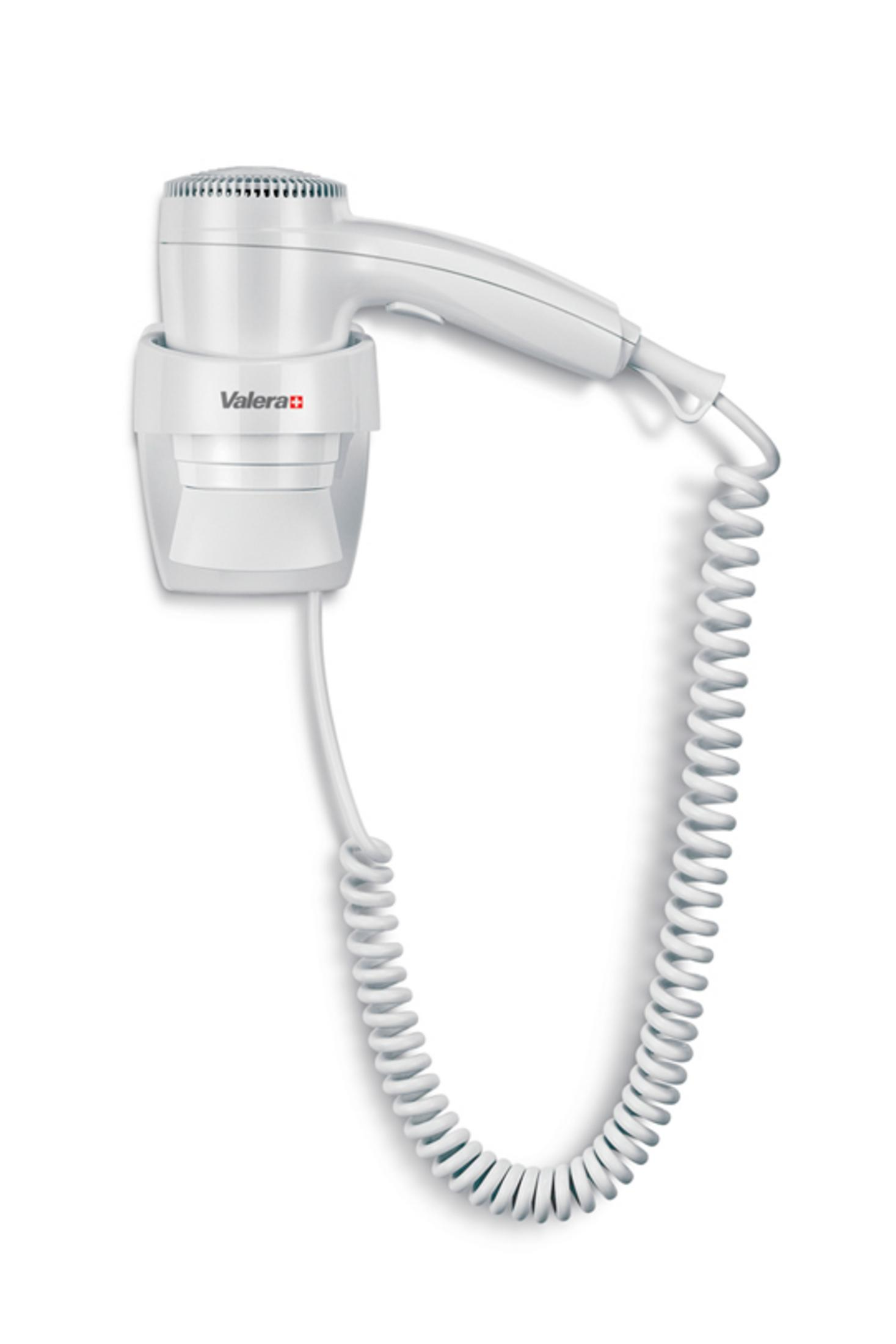 Un asciugacapelli bianco da parete con cavo a spirale, marca Valera.