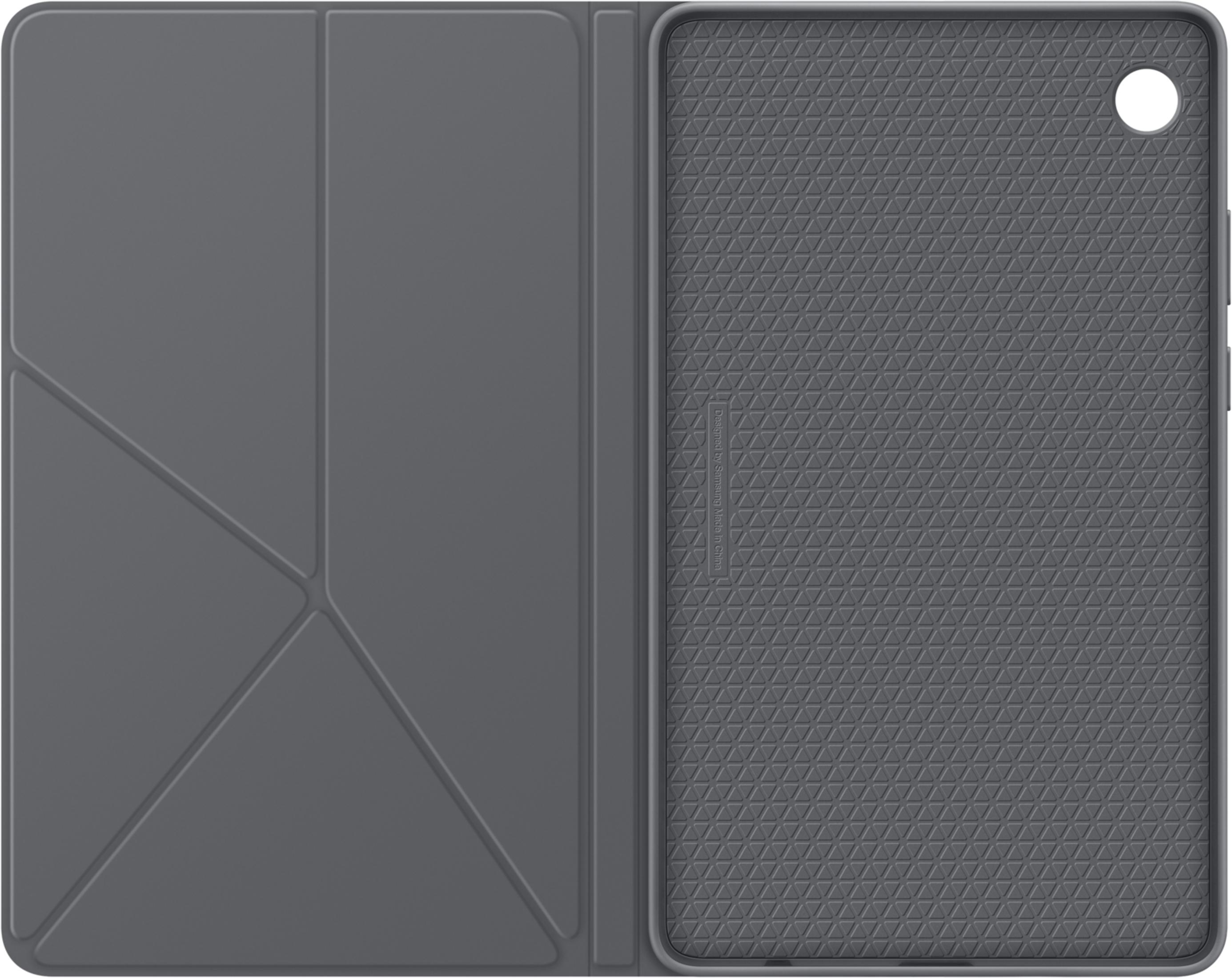 Custodia grigia per tablet, aperta, con motivo triangolare all'interno.