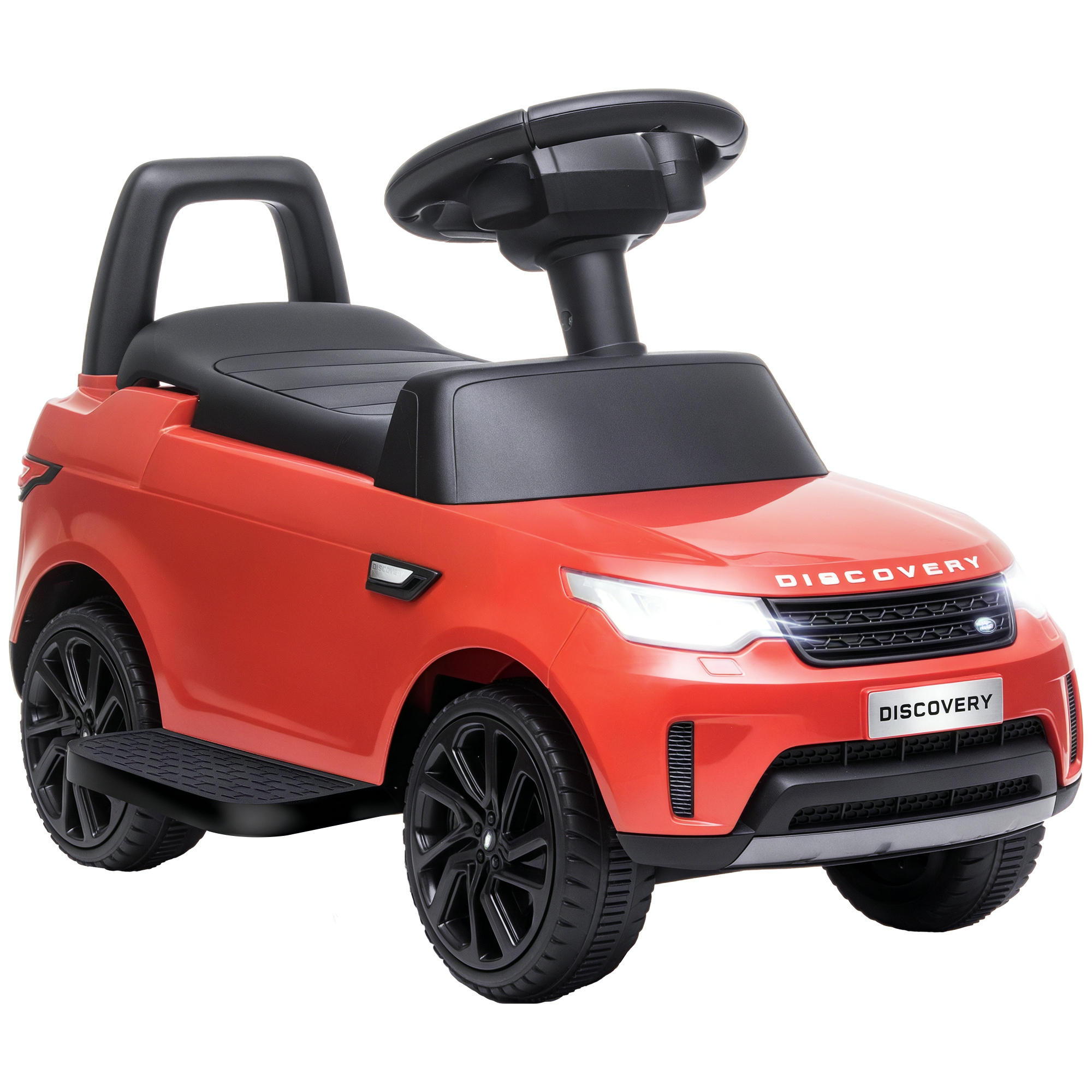 Un'auto cavalcabile rossa con volante, sedile e maniglie. Luci bianche anteriori.