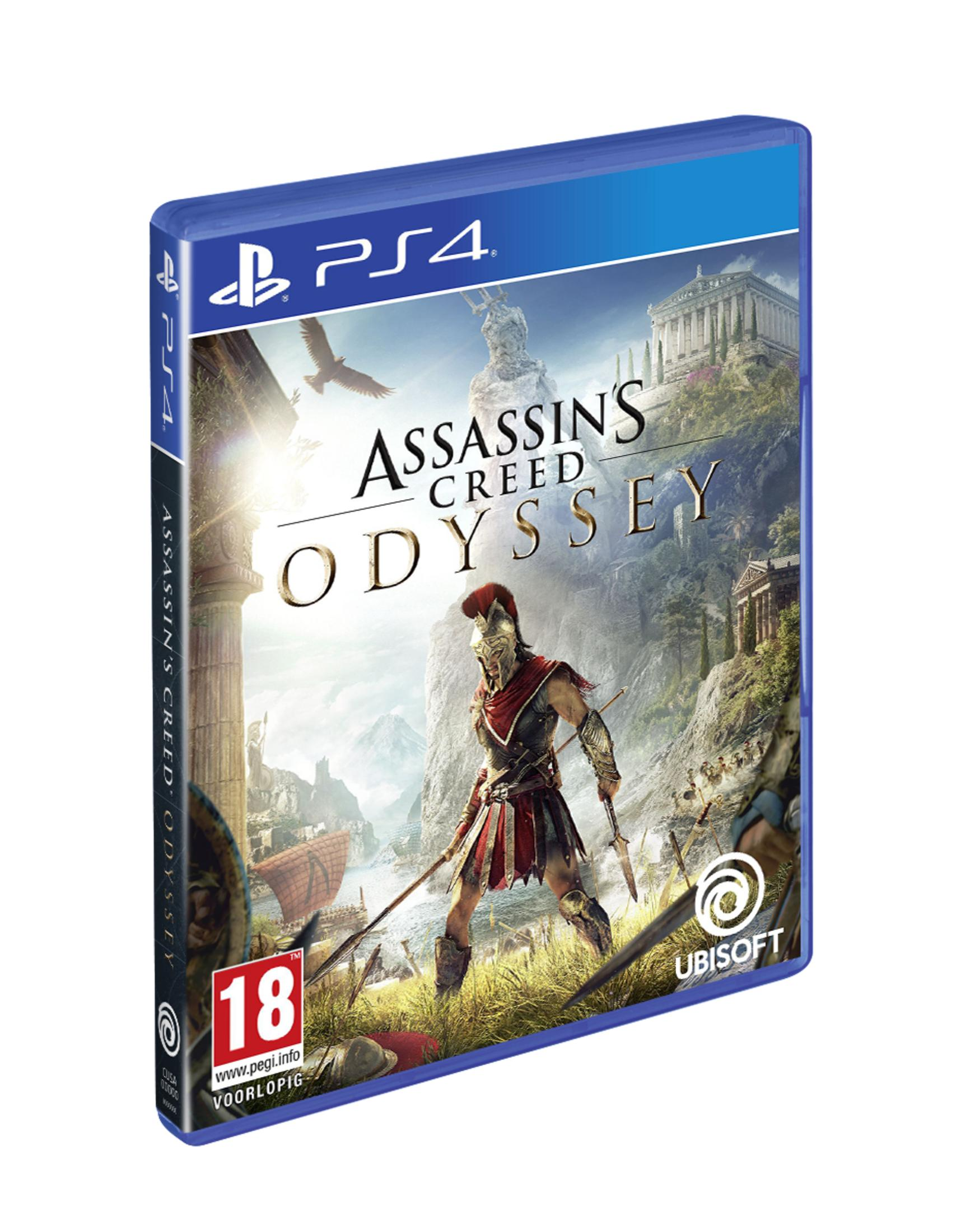 Copertina PS4 "Assassin's Creed Odyssey" con guerriero greco, aquila e architettura antica.