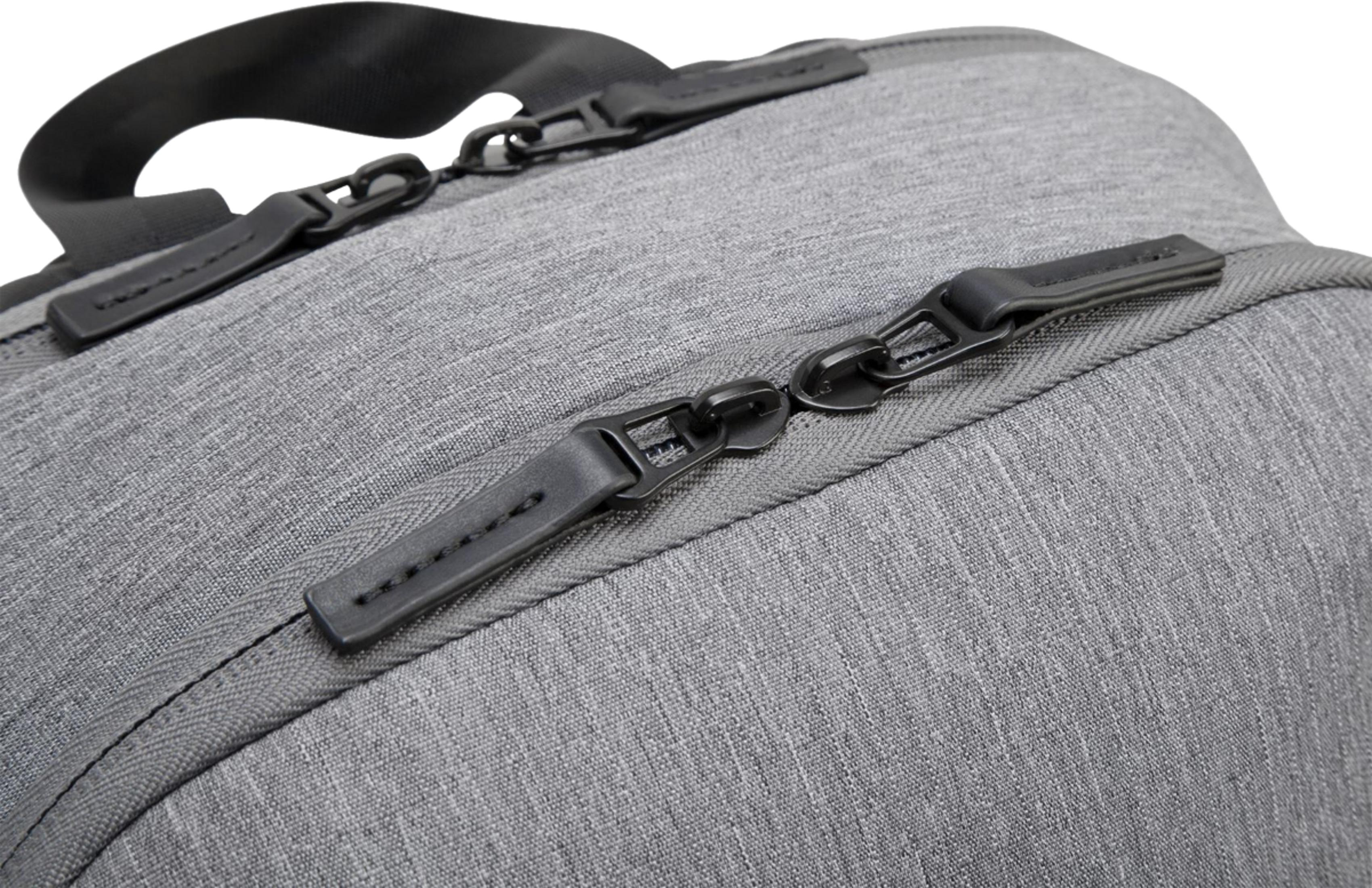 Borsa in tessuto grigio con tiretti zip neri e tracolla.